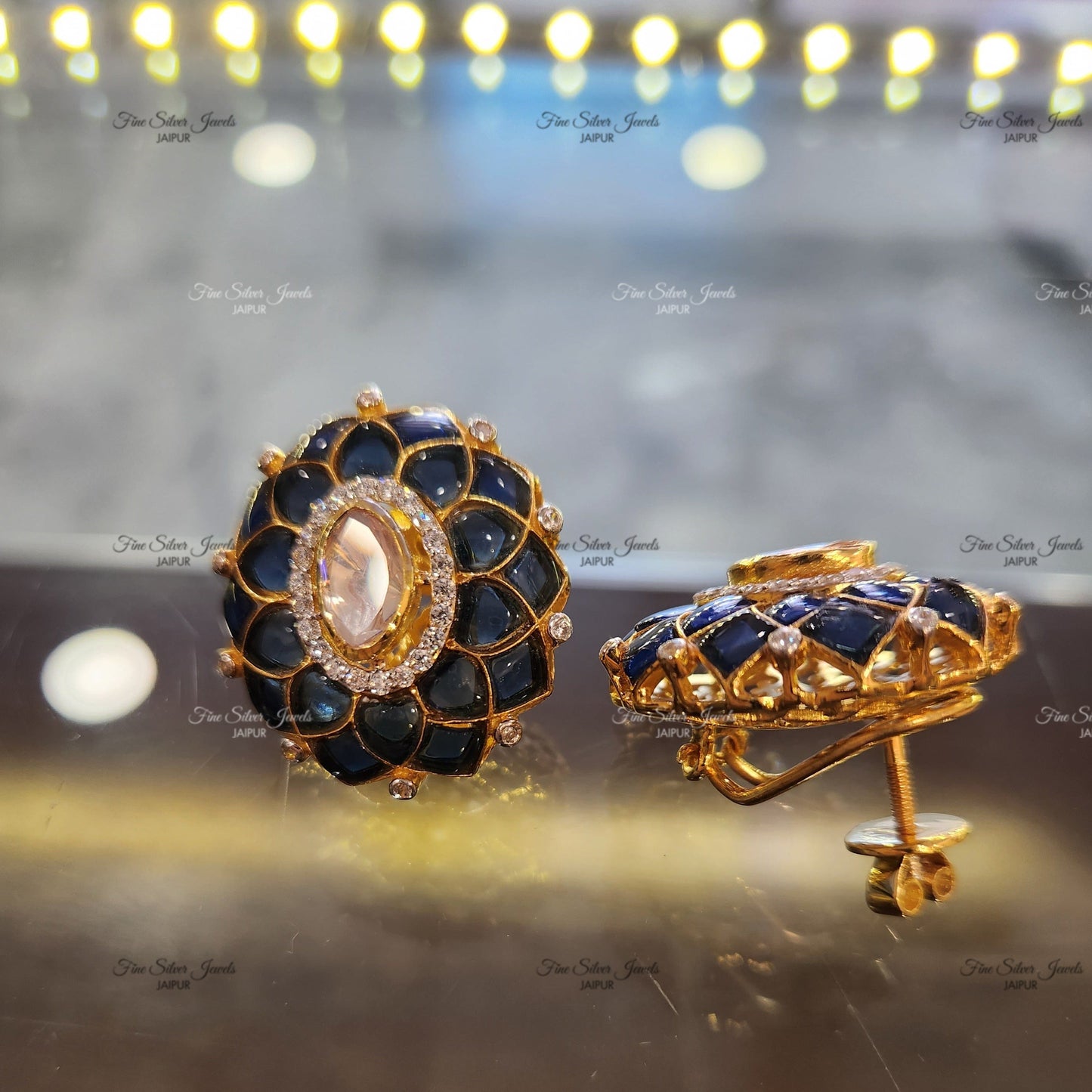 925 Silver Noor Polki Earrings (blue) finesilverjewels