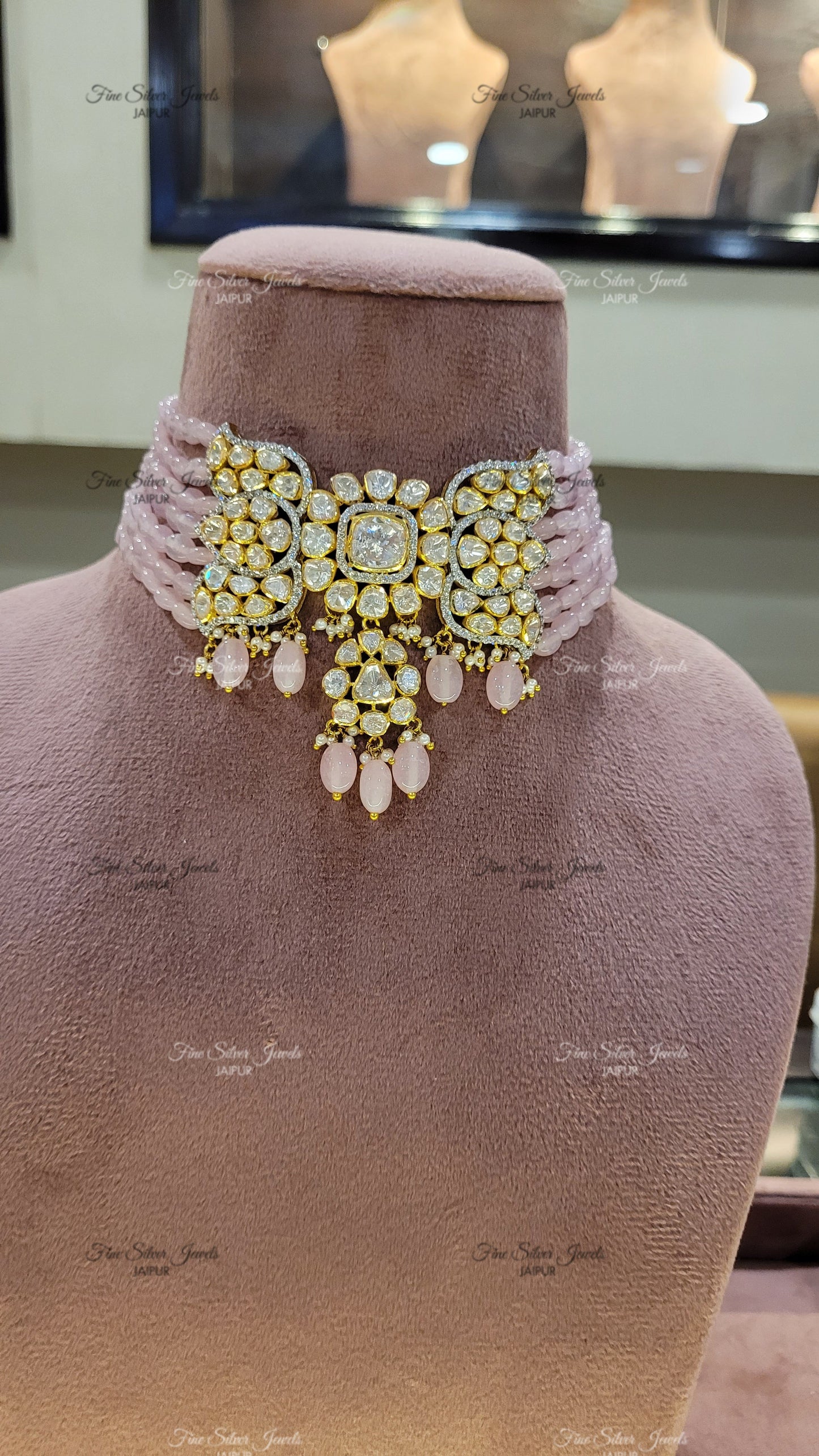 POLKI CHOKER SET WITH PINK BEADS finesilverjewels