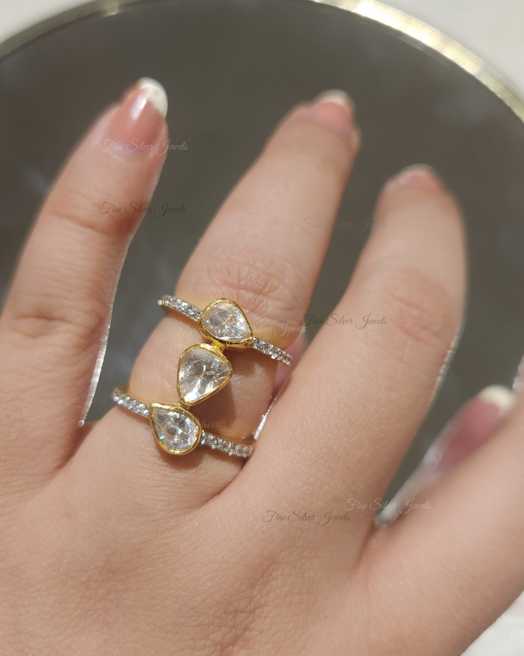 925 Silver Trinity Polki Ring