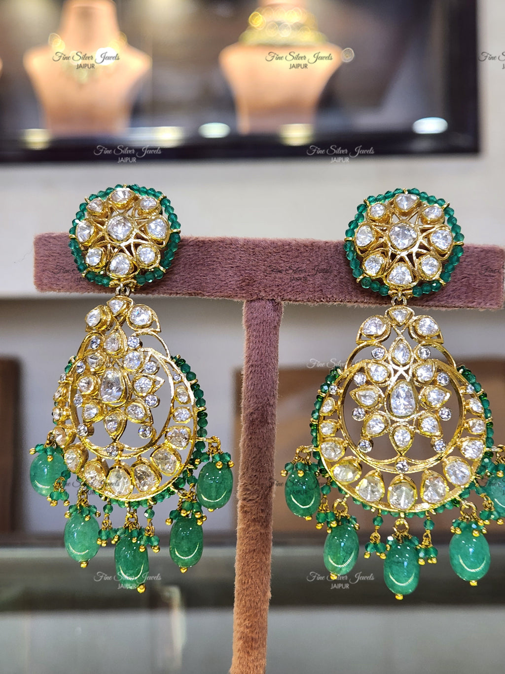 925 Silver GREEN POLKI CHANDBALI finesilverjewels