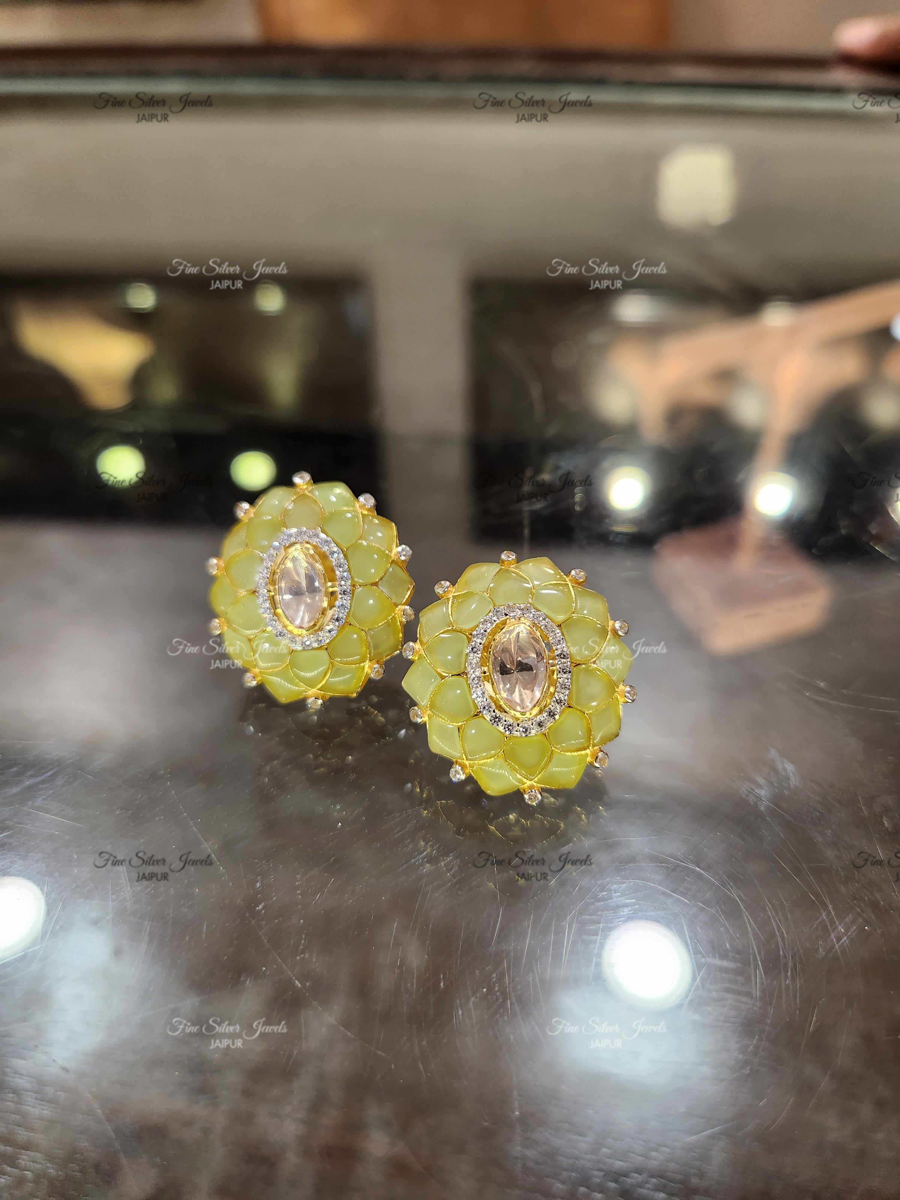92.5 Silver Noor Polki Earrings (green) finesilverjewels