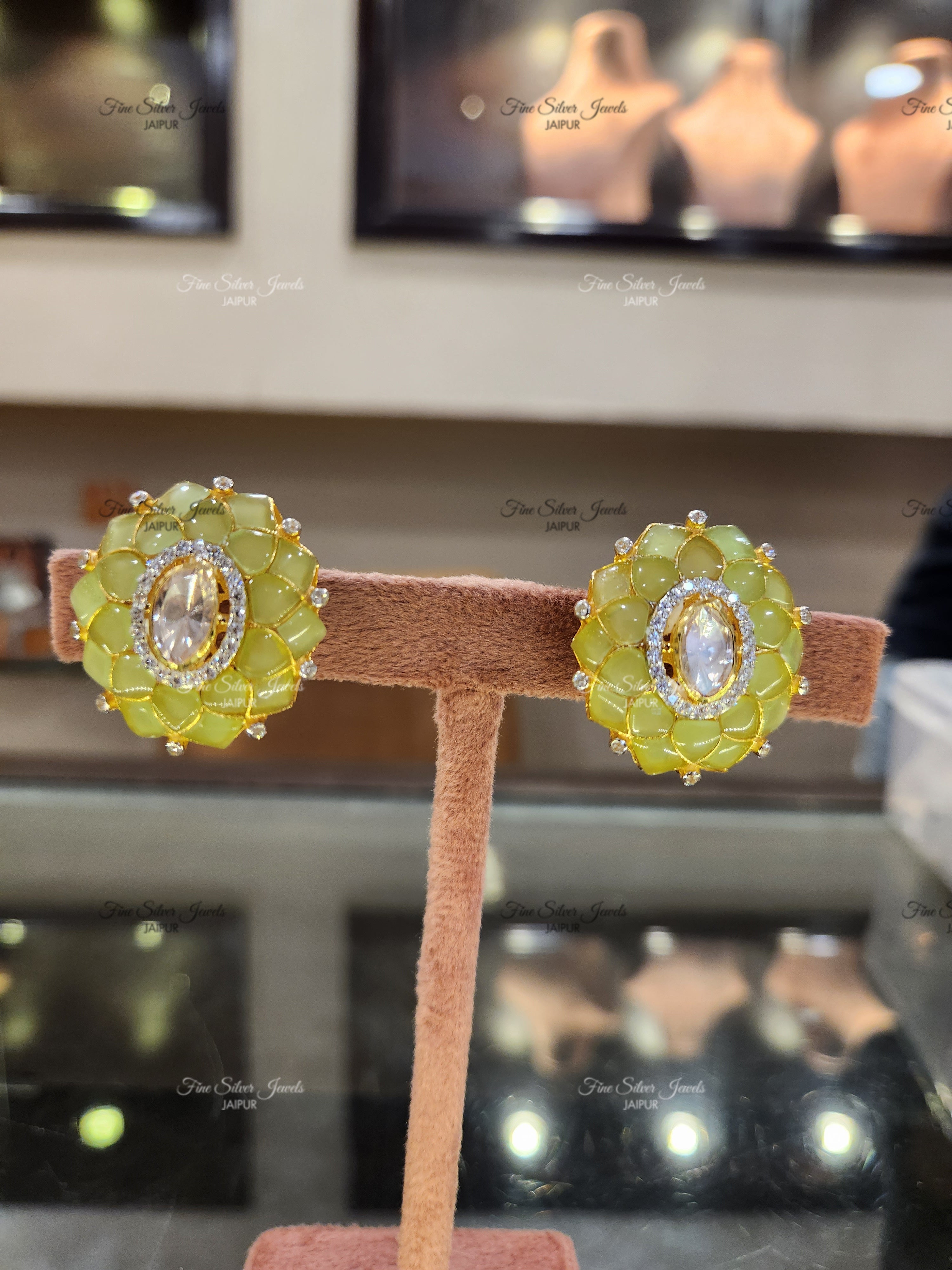 92.5 Silver Noor Polki Earrings (green) finesilverjewels