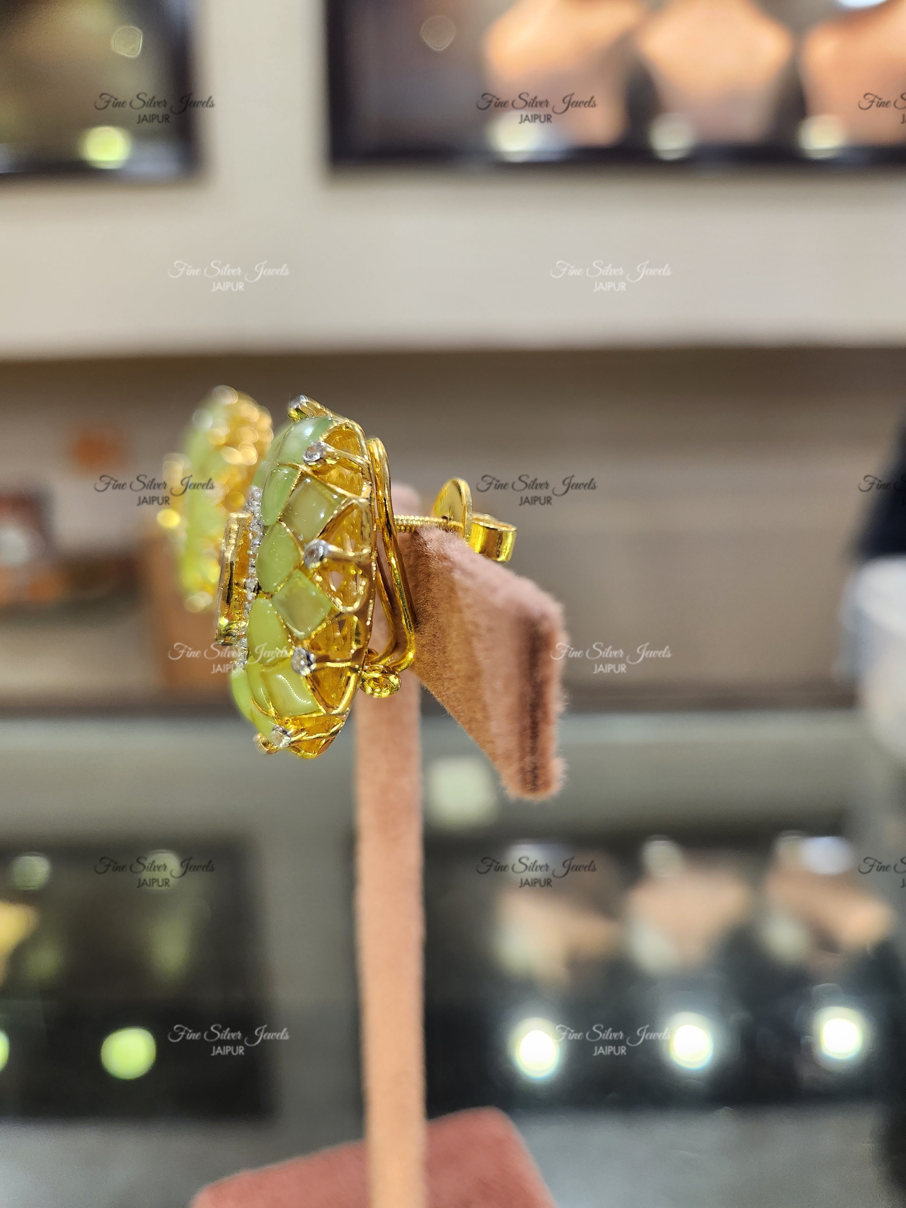 92.5 Silver Noor Polki Earrings (green) finesilverjewels