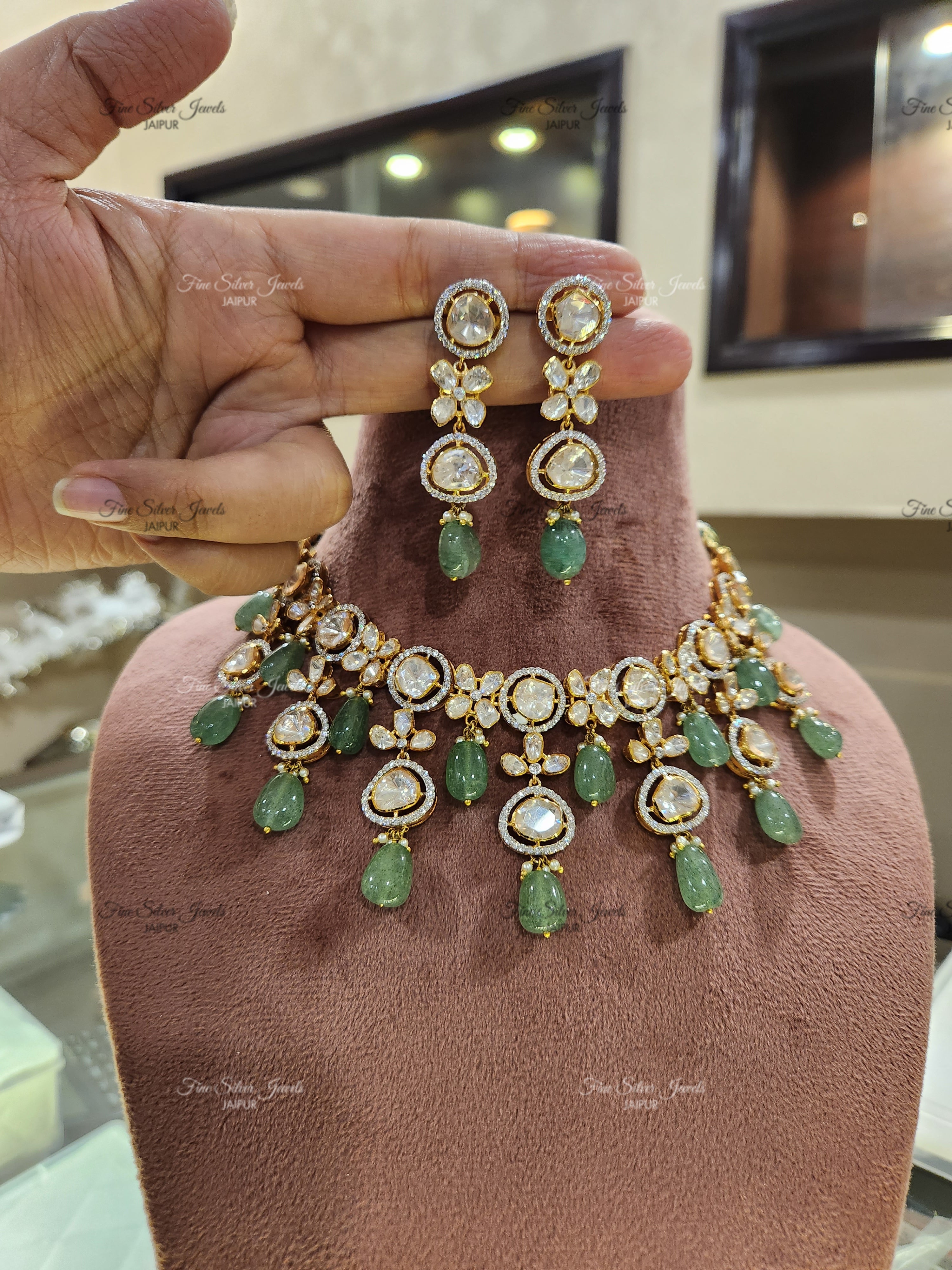 925 Silver Bridal Polki Necklace finesilverjewels