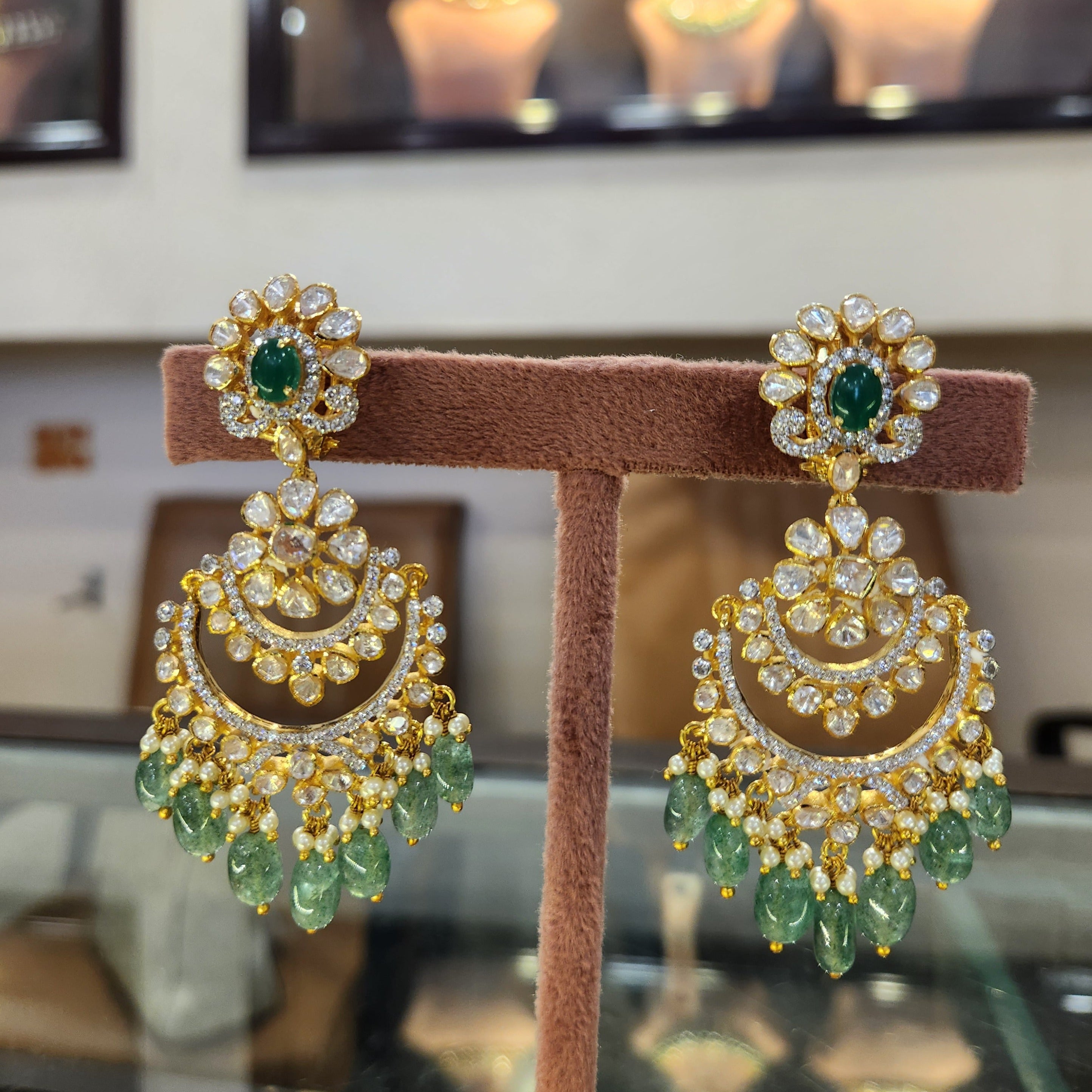 GOLD PLATED OVERSIZED PEACOCK CHANDBALI , GREEN CHANDBALI EARRINGS