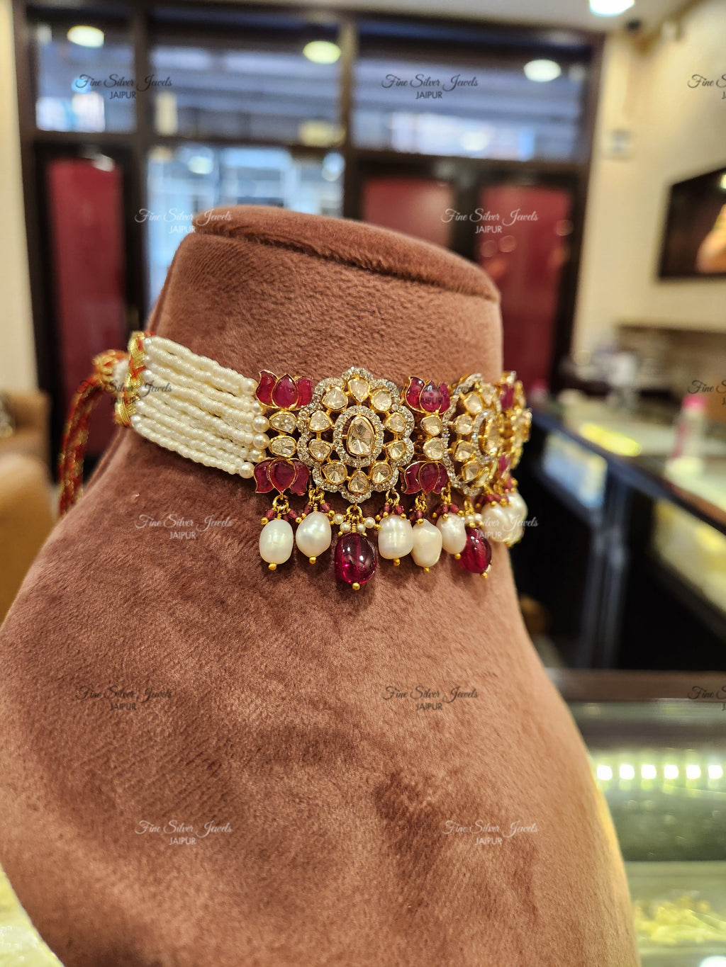 925 Silver Gulaal Polki Necklace Set