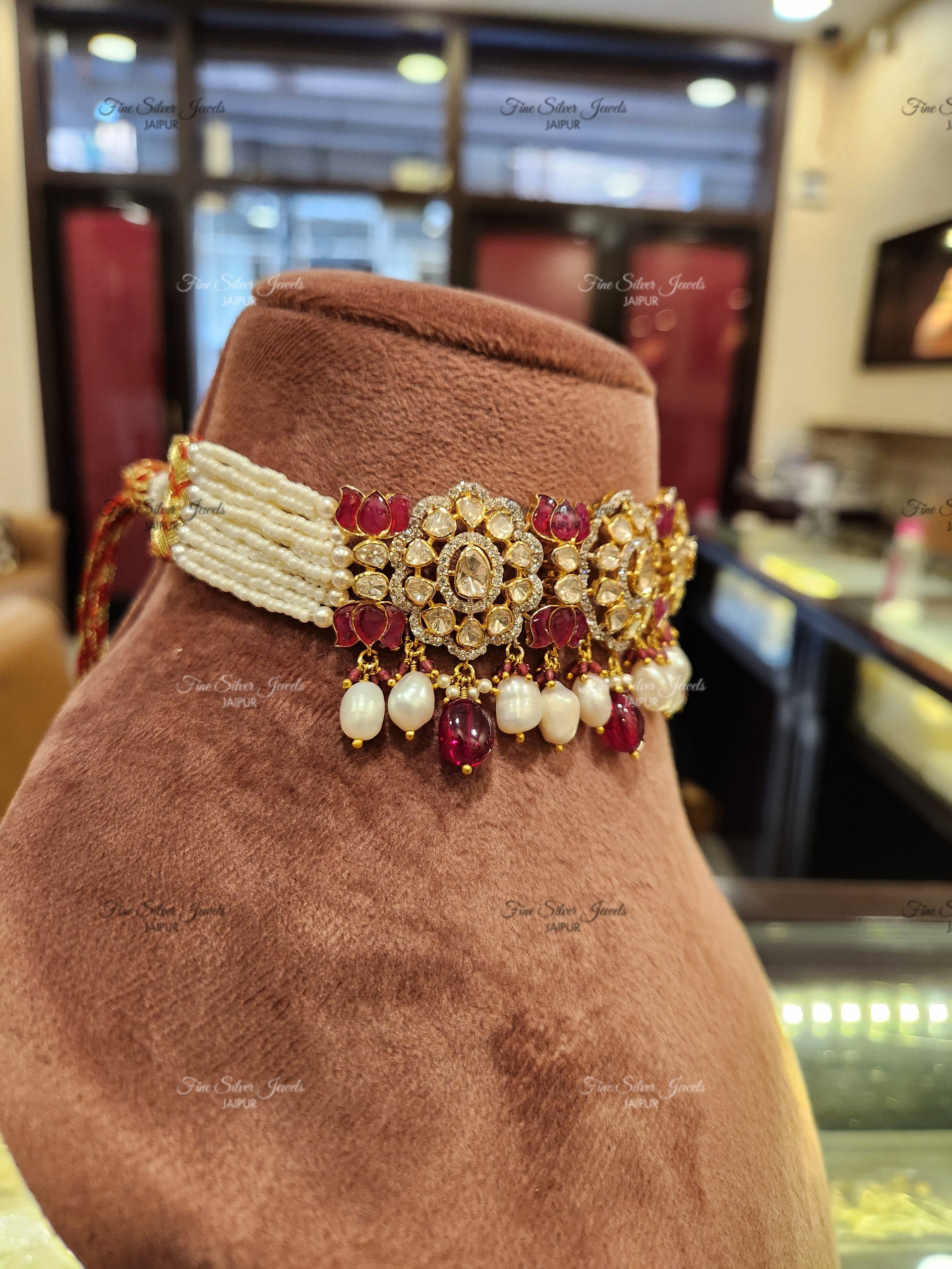 925 Silver Gulaal Polki Necklace Set