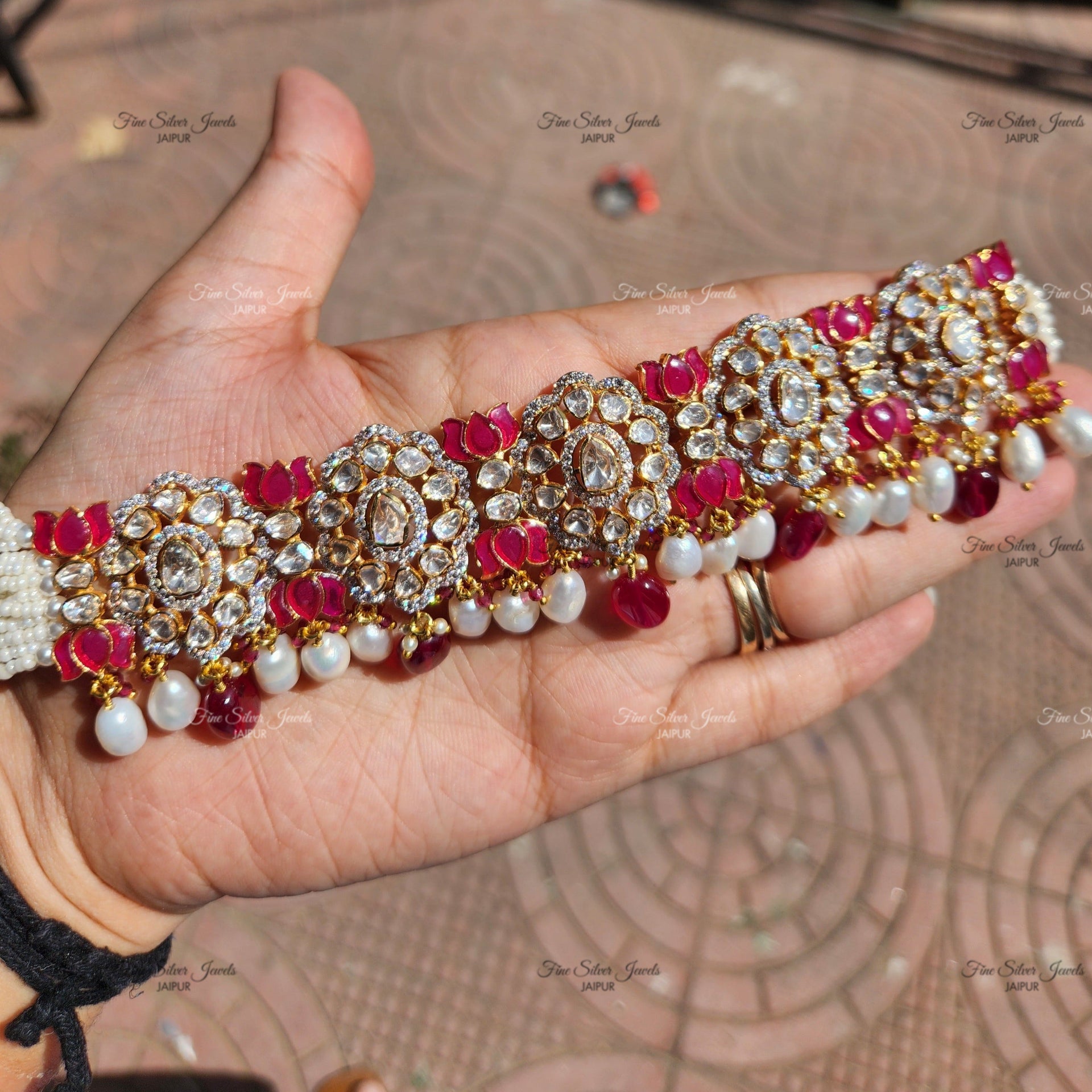 925 Silver Gulaal Polki Necklace Set