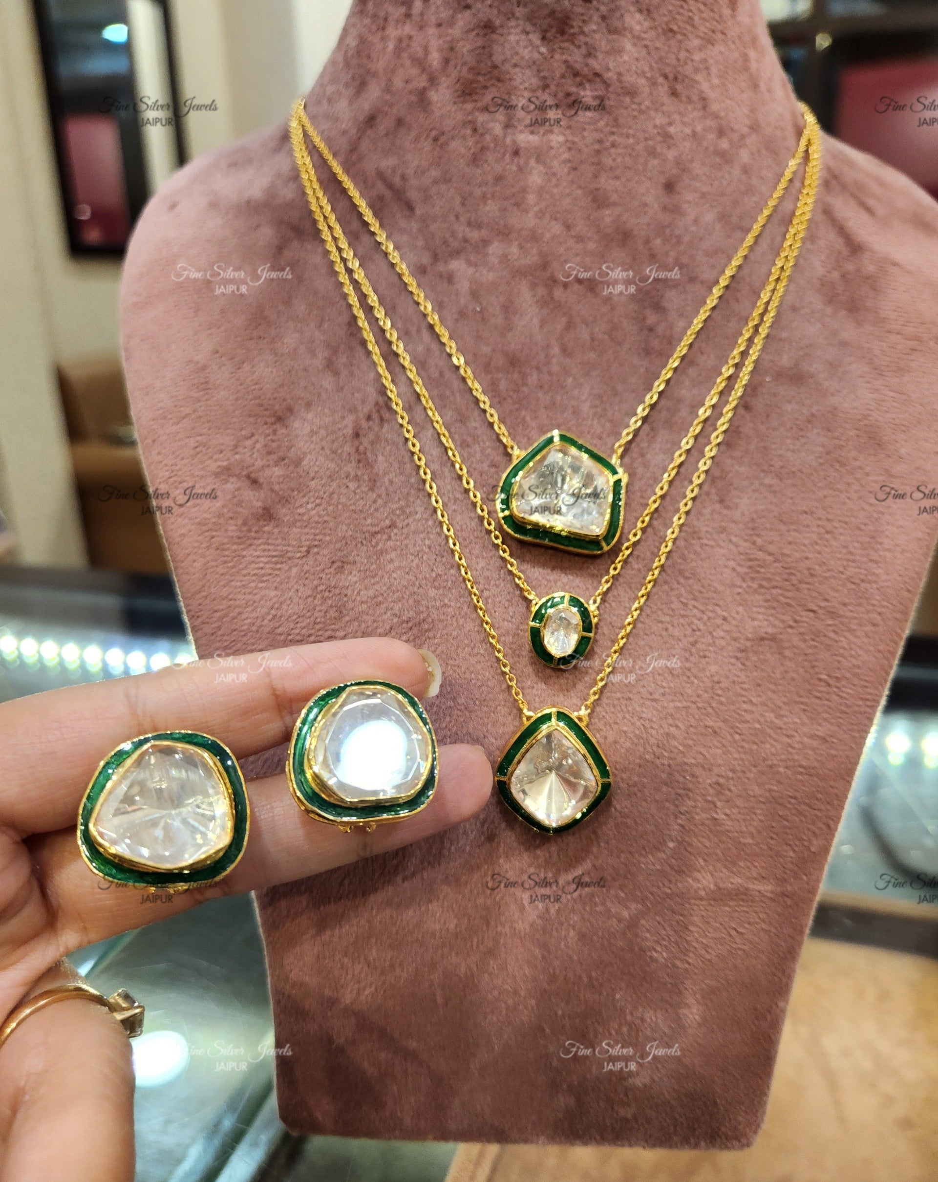 925 Silver Sheen Polki Necklace set