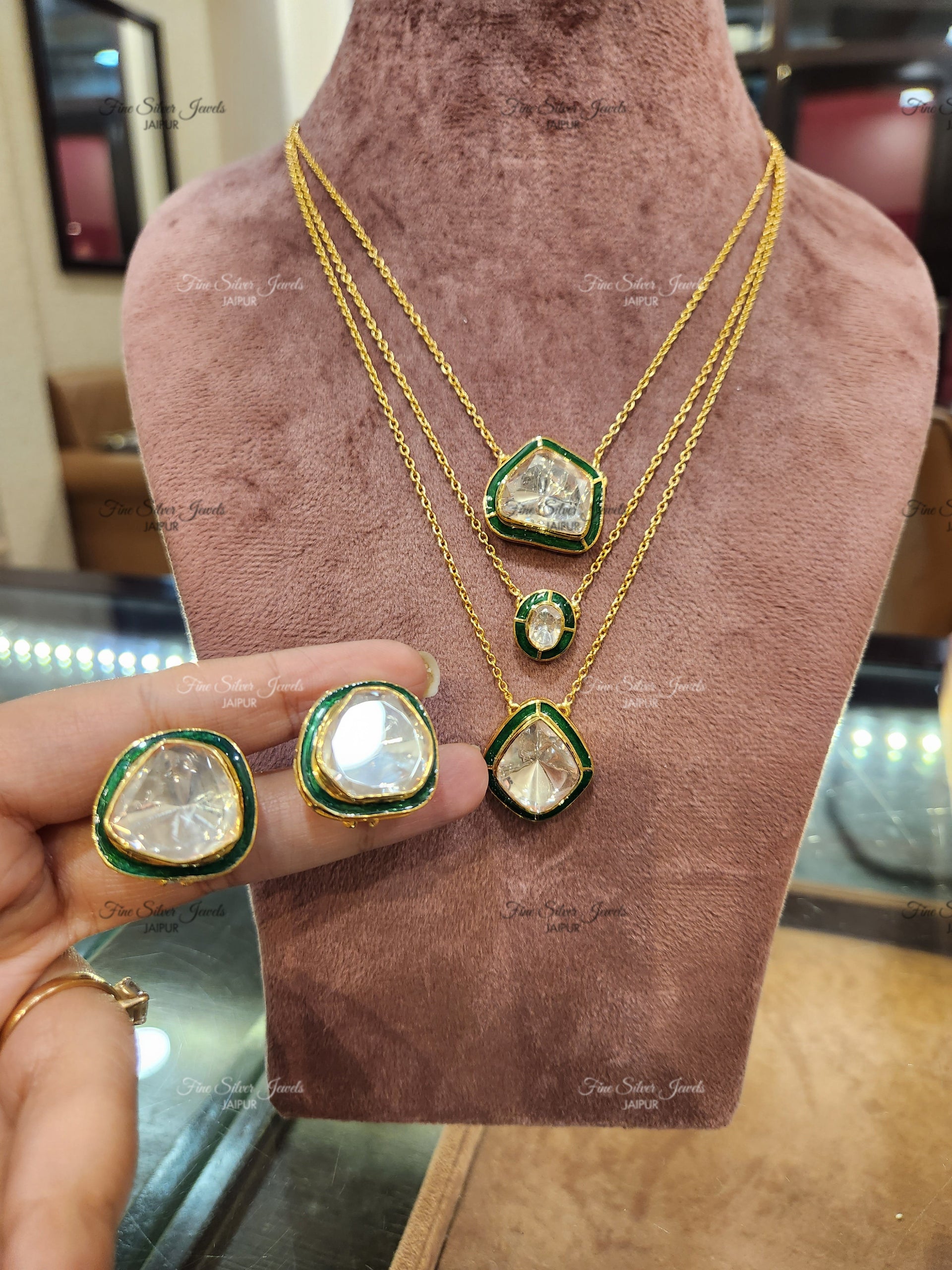 925 Silver Sheen Polki Necklace set