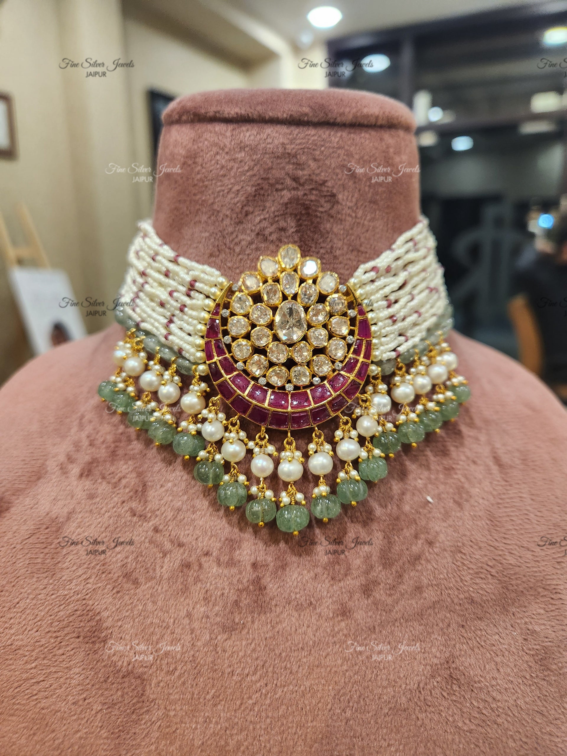 925 Silver Kamya pearl choker Set (red)