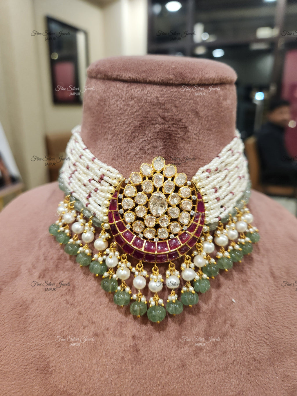 925 Silver Kamya pearl choker Set (red)