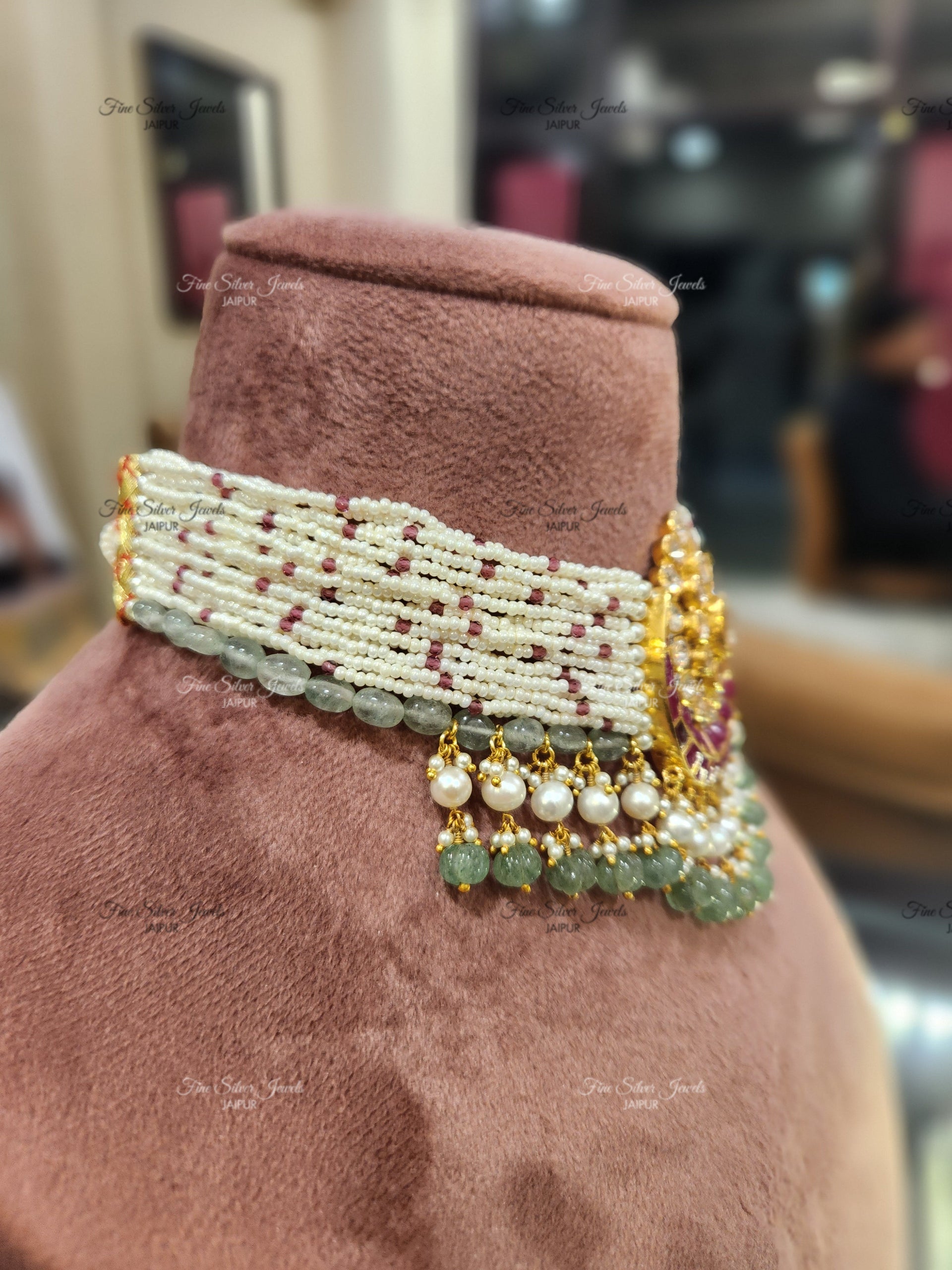 925 Silver Kamya pearl choker Set (red)