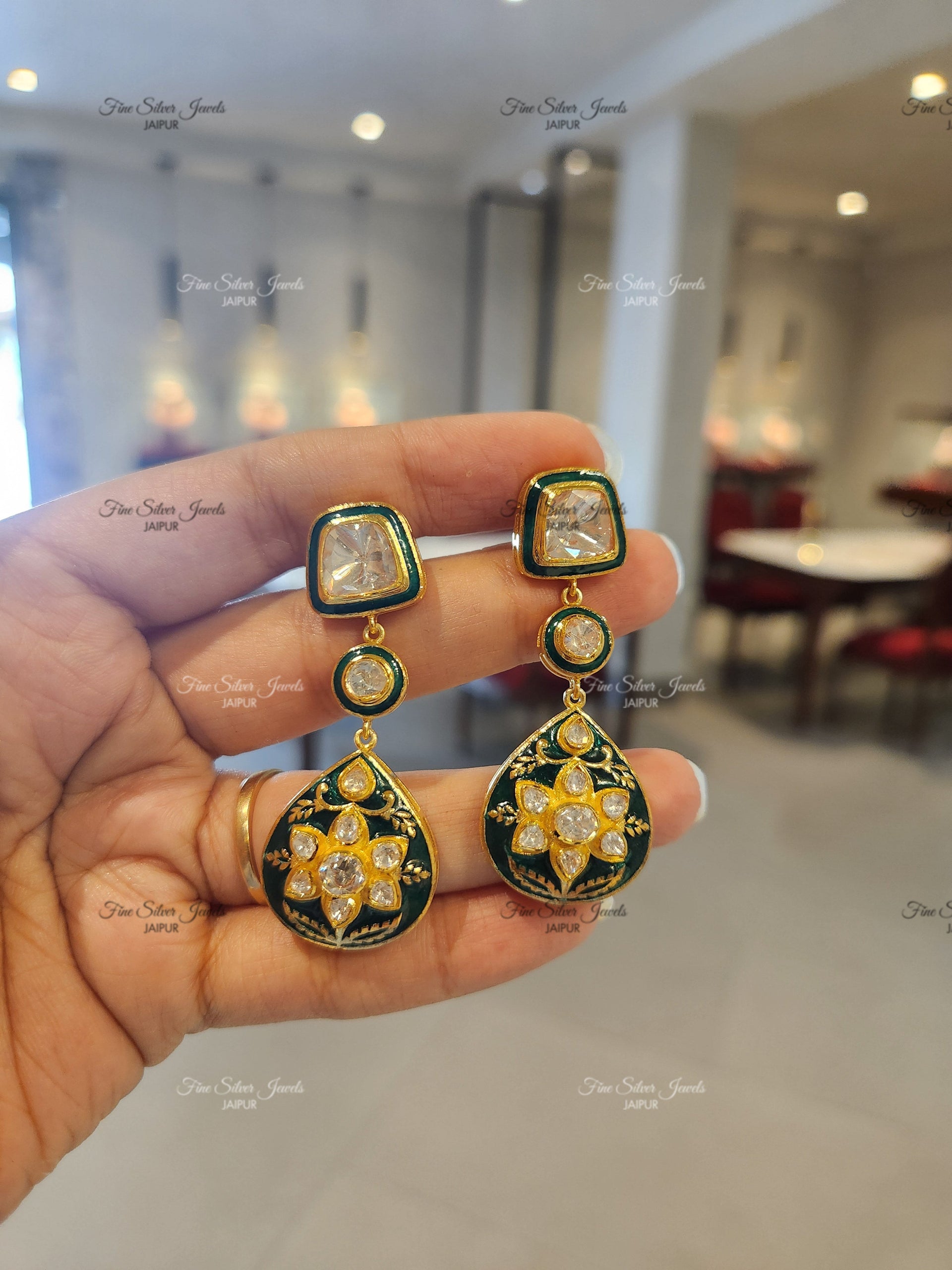 925 Silver Meenakari Polki Earrings