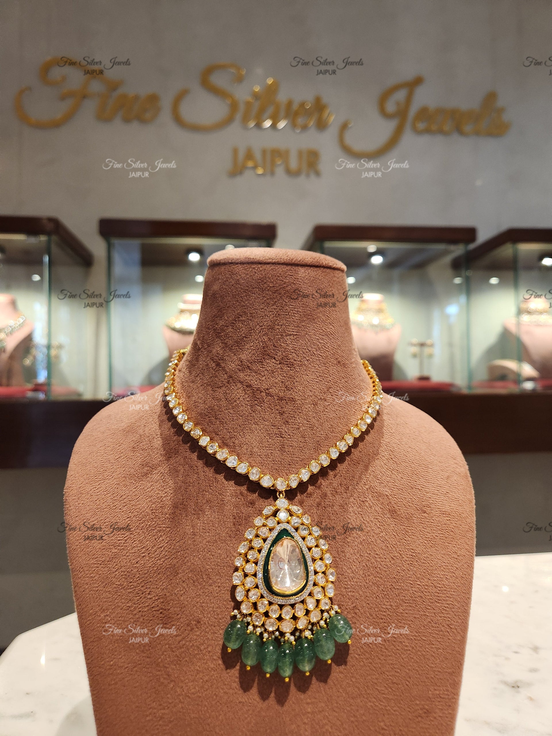 92.5 Silver Charm Polki Necklace Set