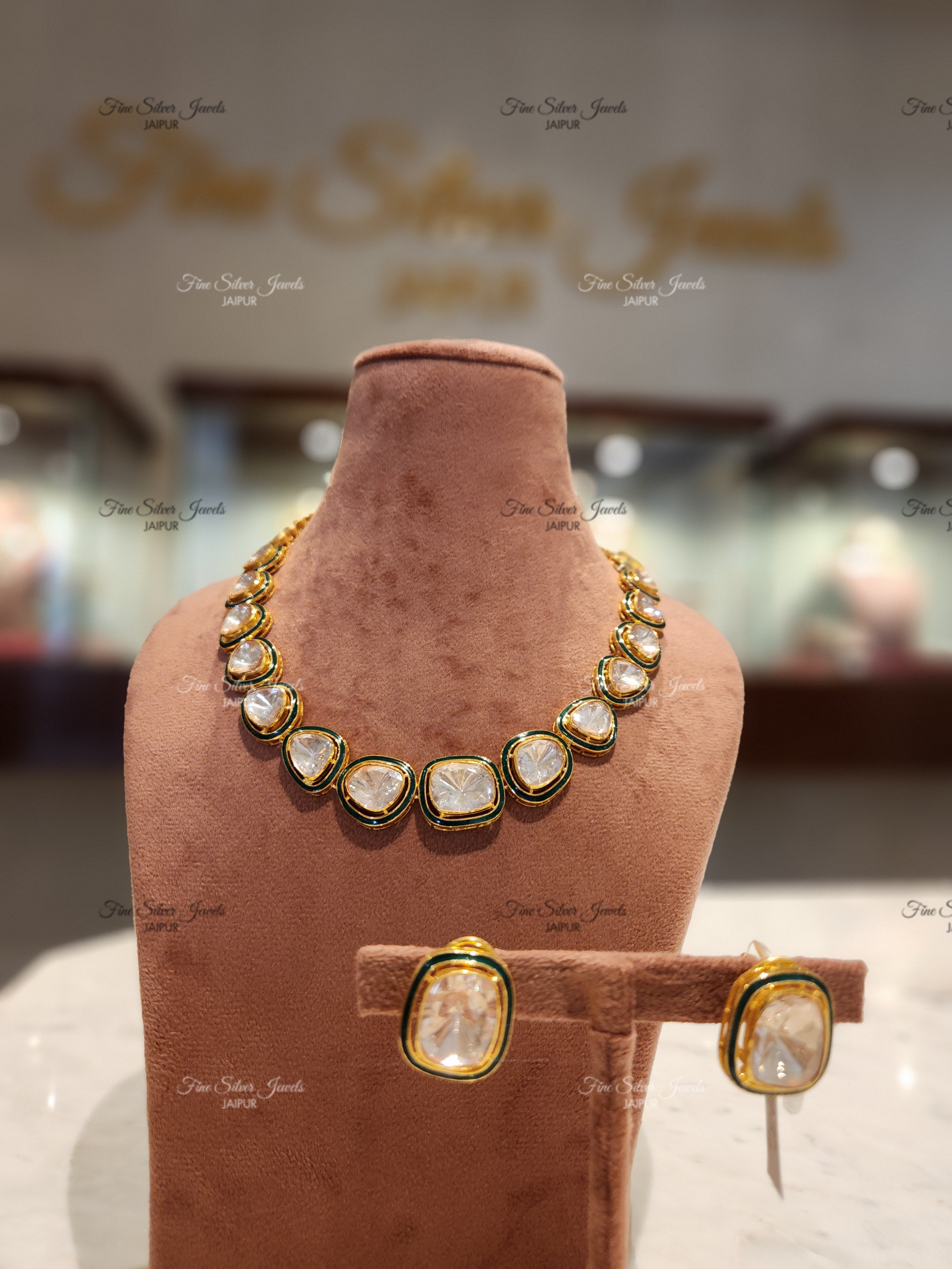 925 Silver Gleam Polki Necklace Set