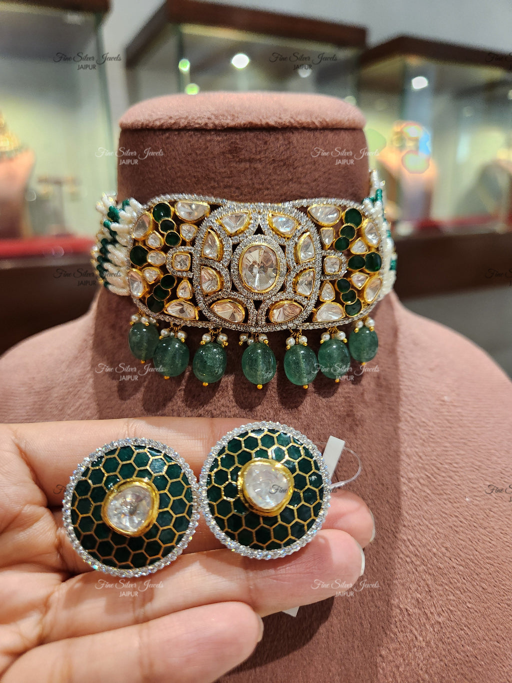 925 Silver Padma Polki Necklace Set