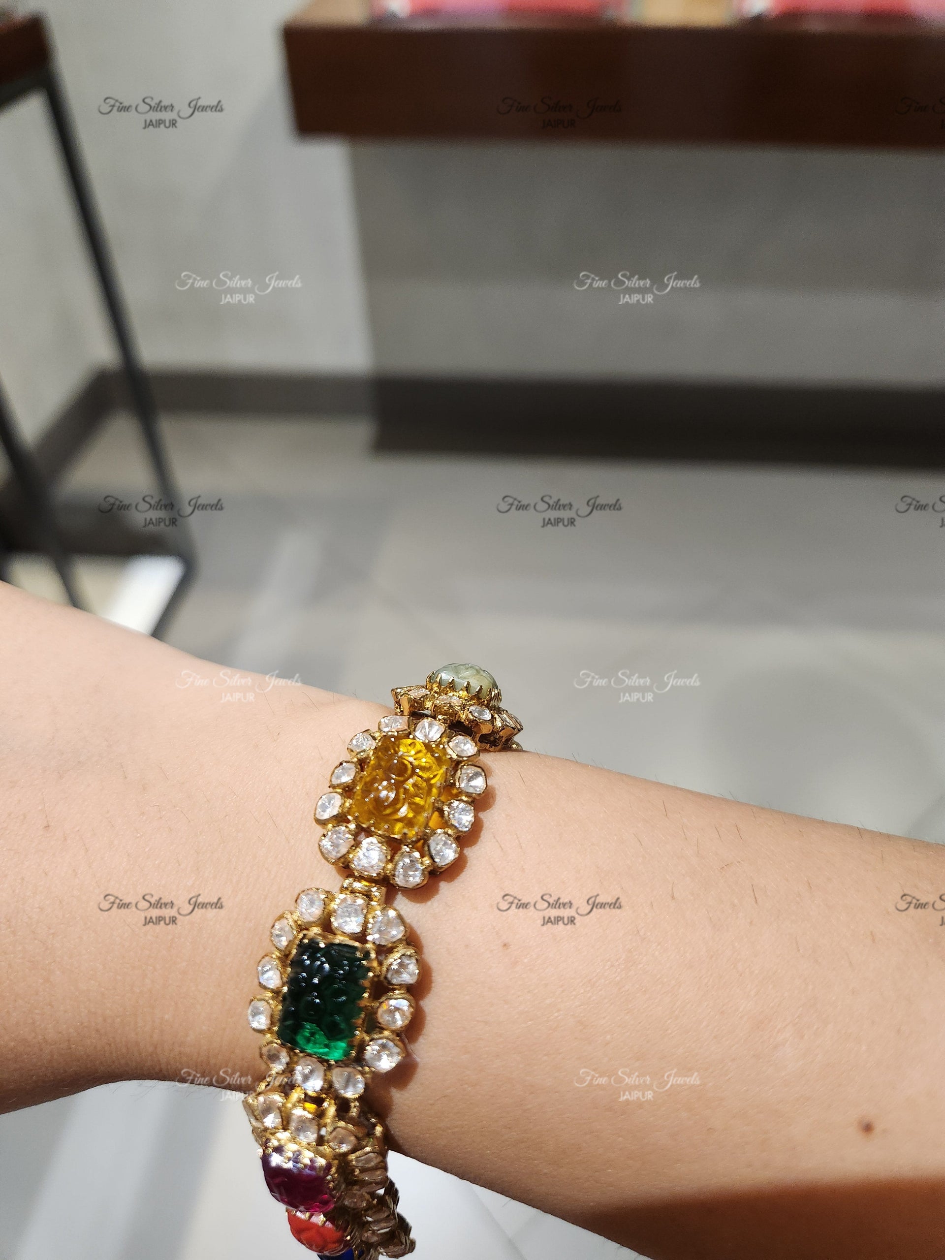 925 Silver Navratan Polki Bracelet