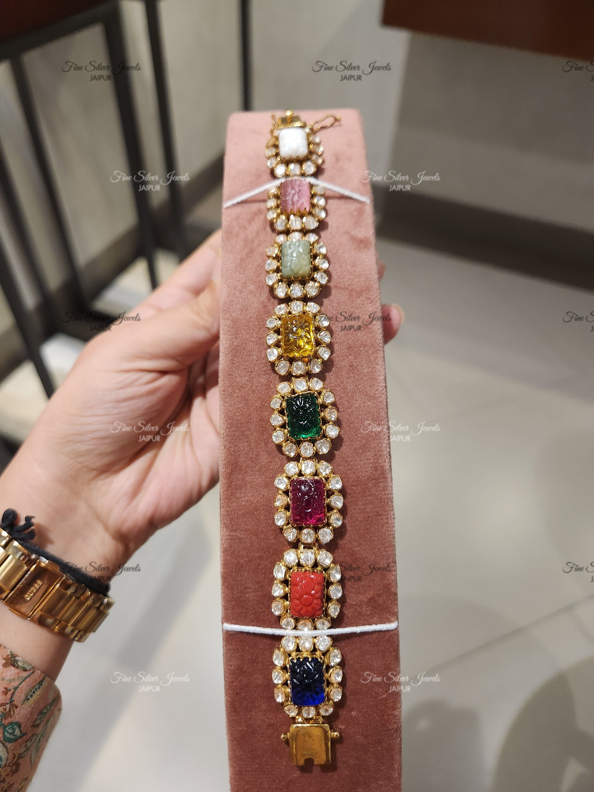 925 Silver Navratan Polki Bracelet