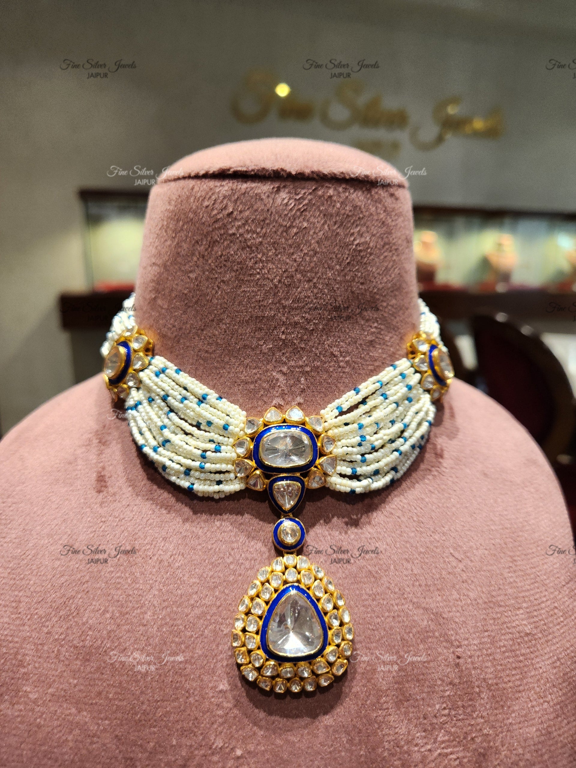 925 Silver Indraneela Polki Necklace Set