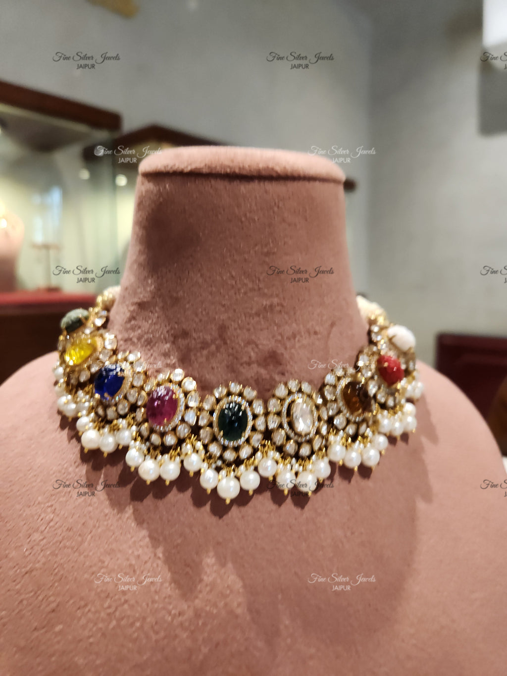 925 Silver Multi Gem Navratan Necklace set