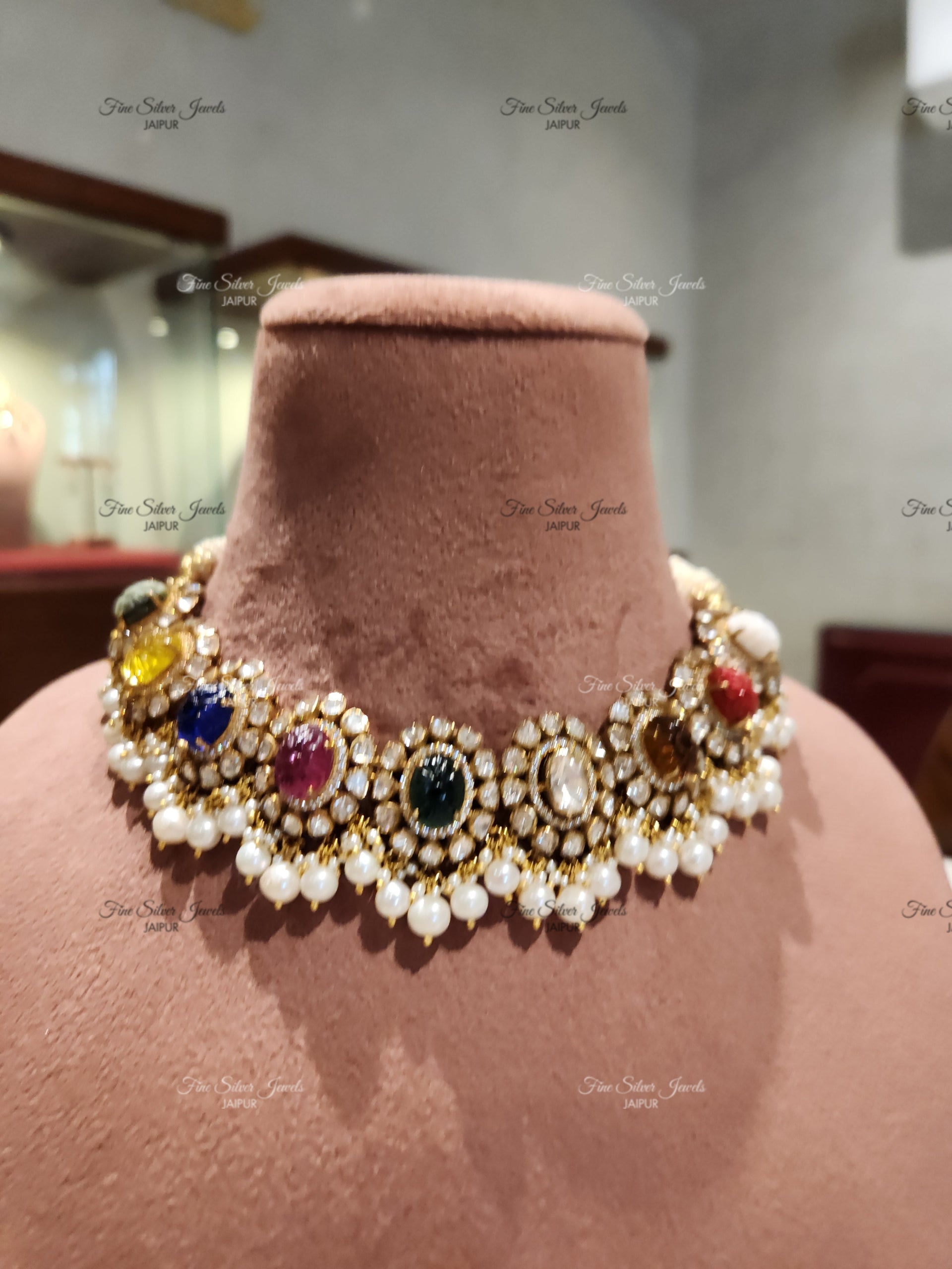 925 Silver Multi Gem Navratan Necklace set