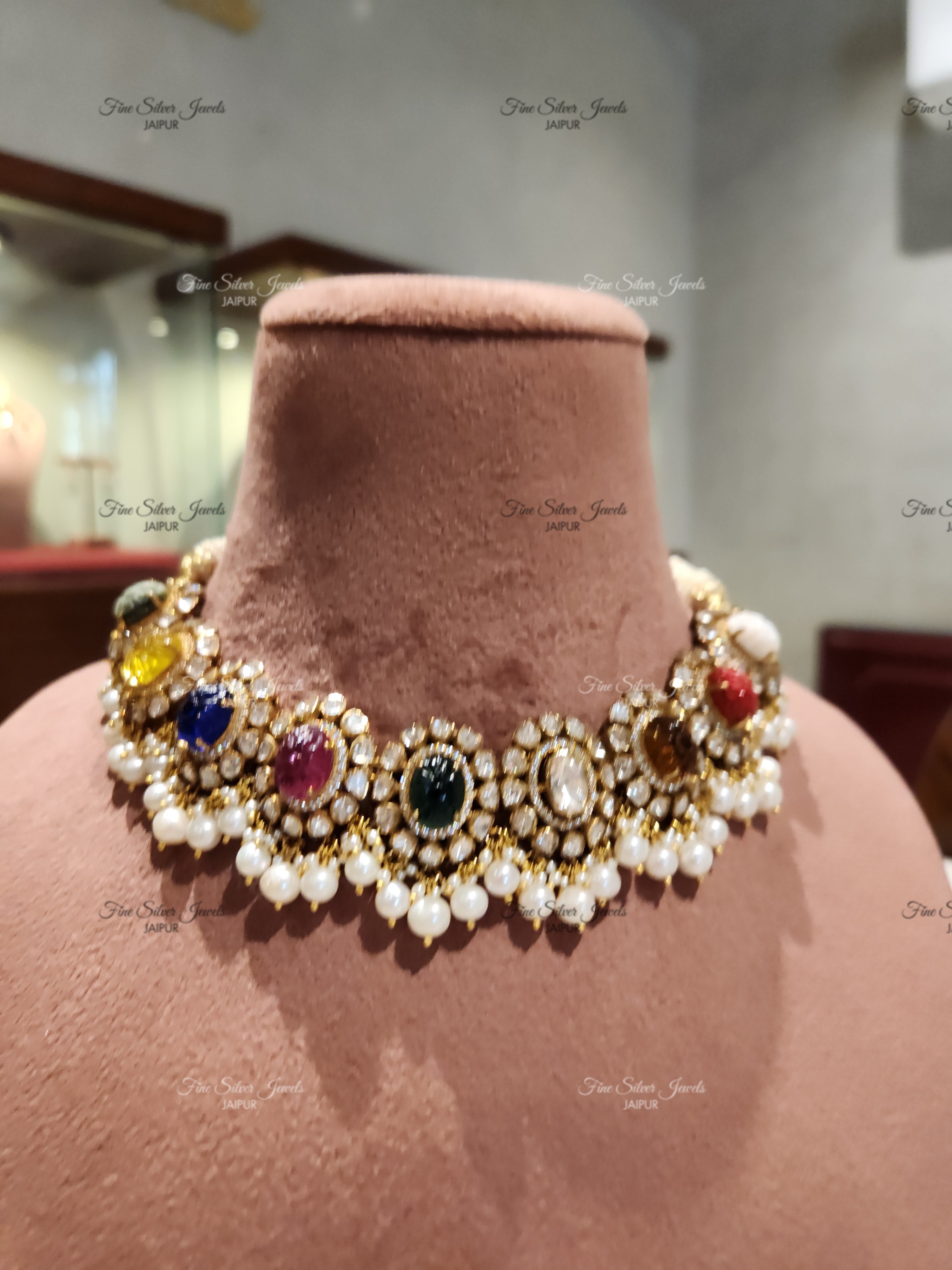 925 Silver Multi Gem Navratan Necklace set