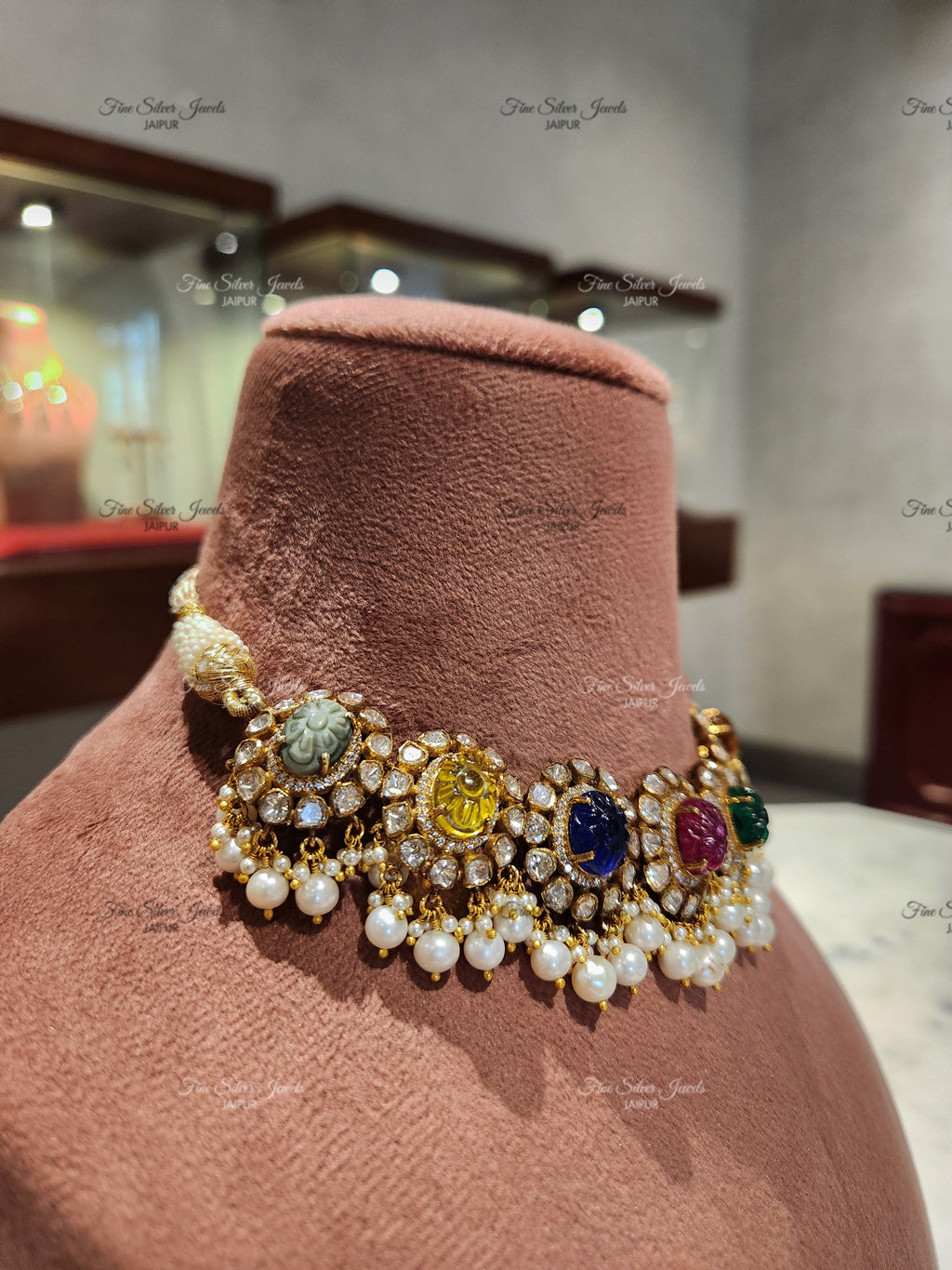 925 Silver Multi Gem Navratan Necklace set