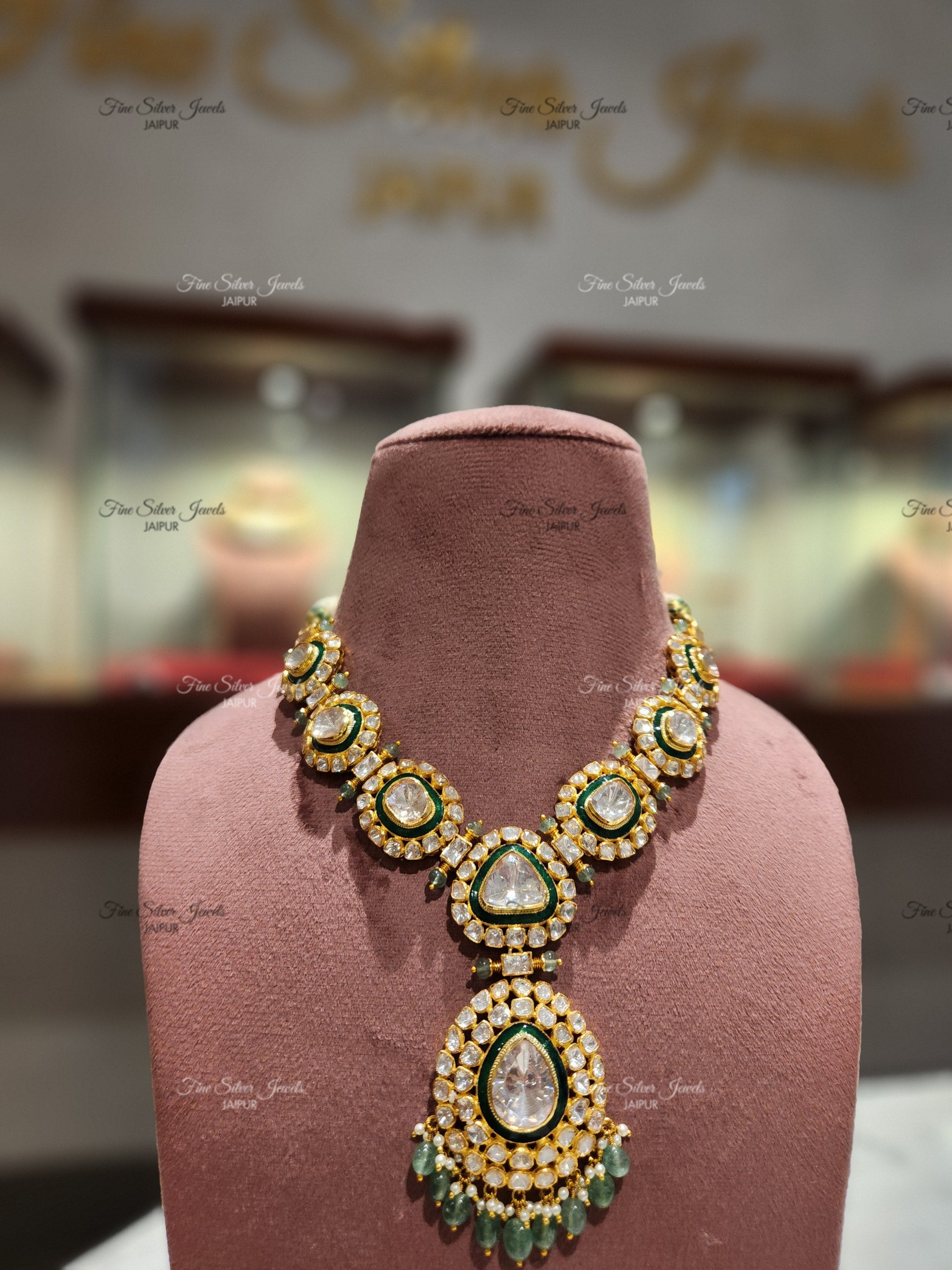 925 Silver Green Meena Necklace Set