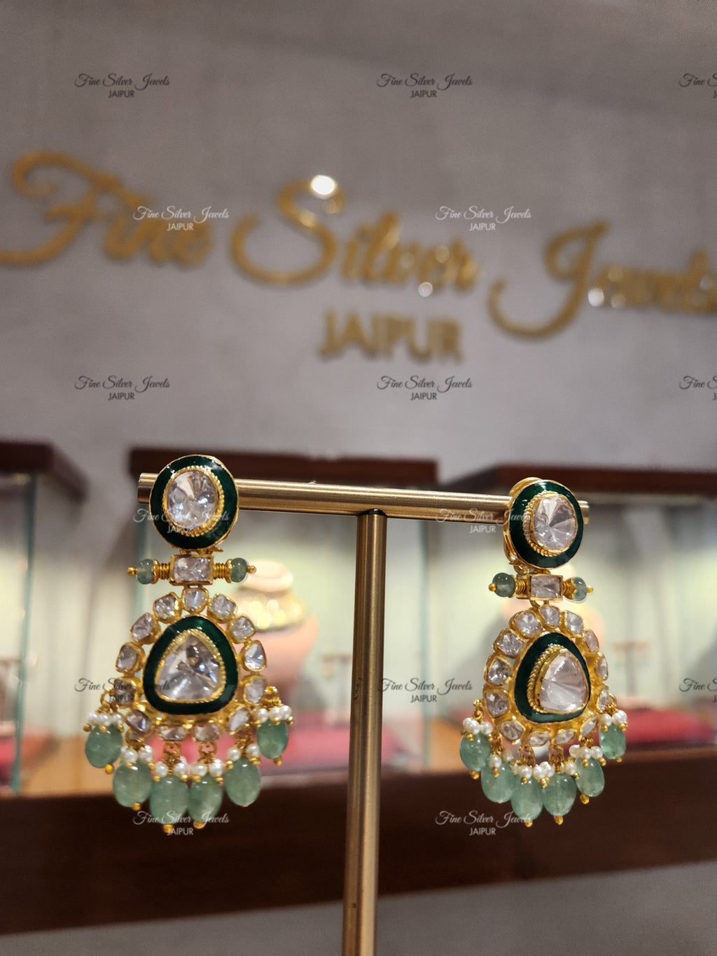 925 Silver Green Meena Necklace Set