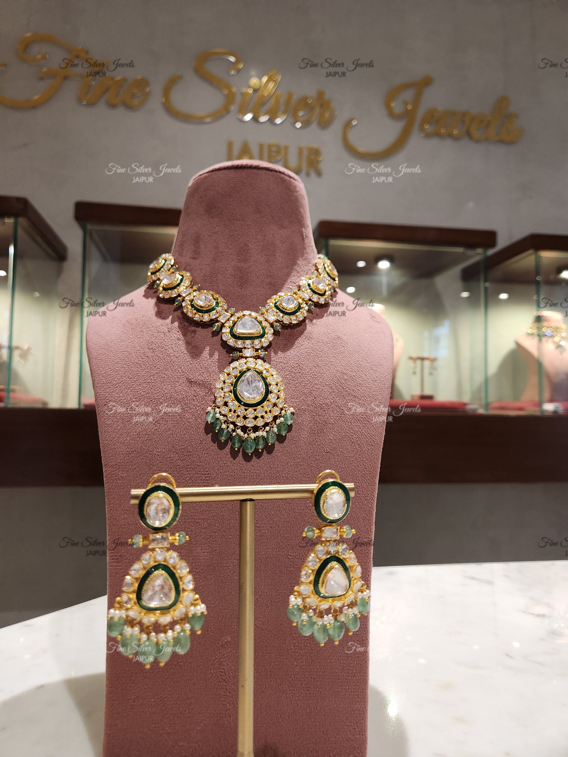 925 Silver Green Meena Necklace Set