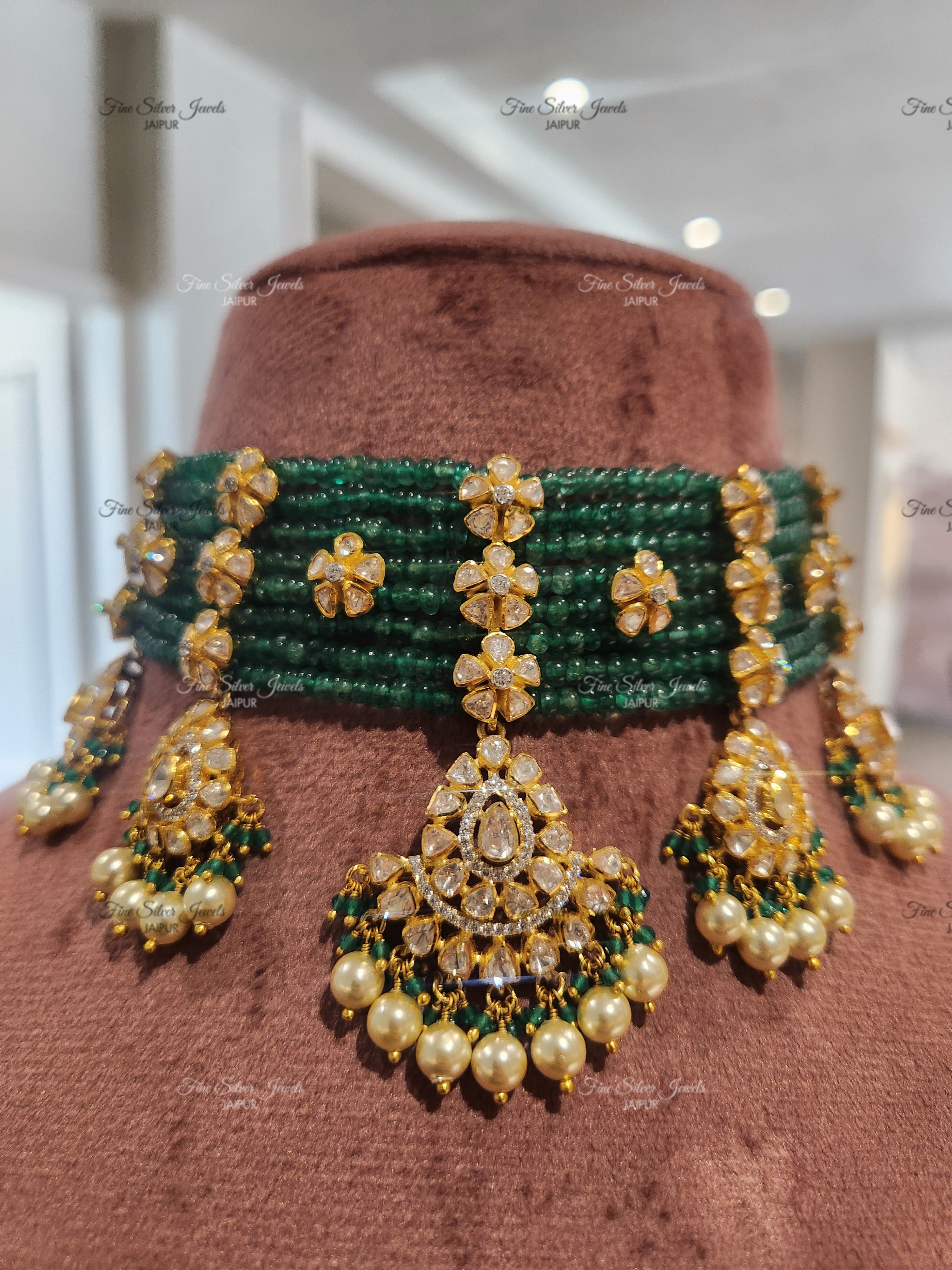 925 Silver Green Polki Necklace