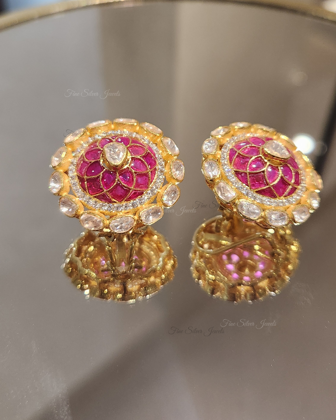 925 Silver Pink Polki Earrings