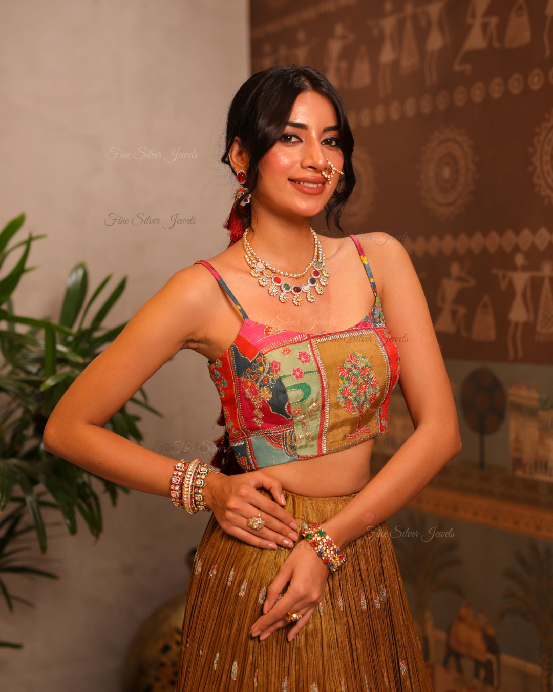 925 Silver Navratan Polki Necklace Set