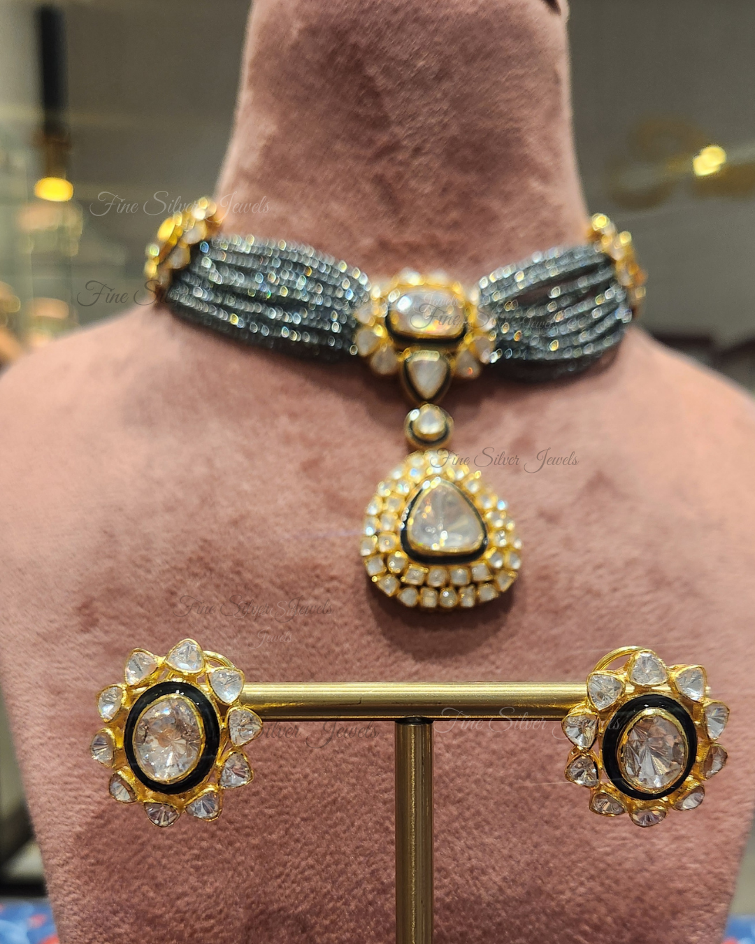 925 Silver Falak Polki Necklace Set