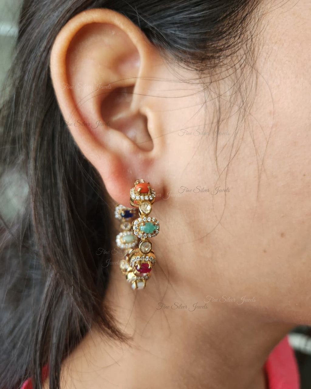 925 Silver Navratan Bali Earrings