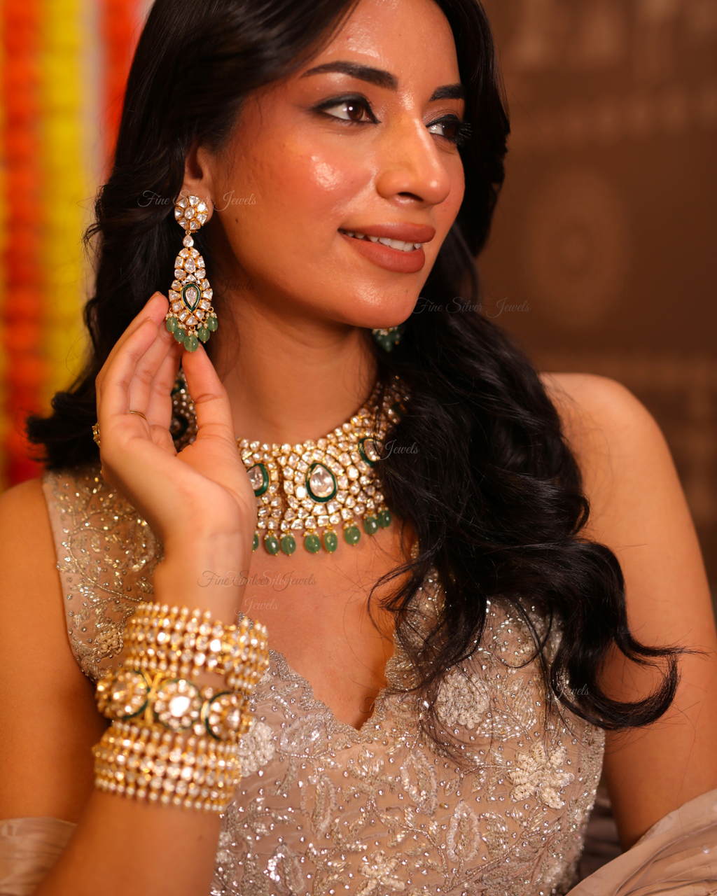 925 Silver Kasturba Polki Necklace Set