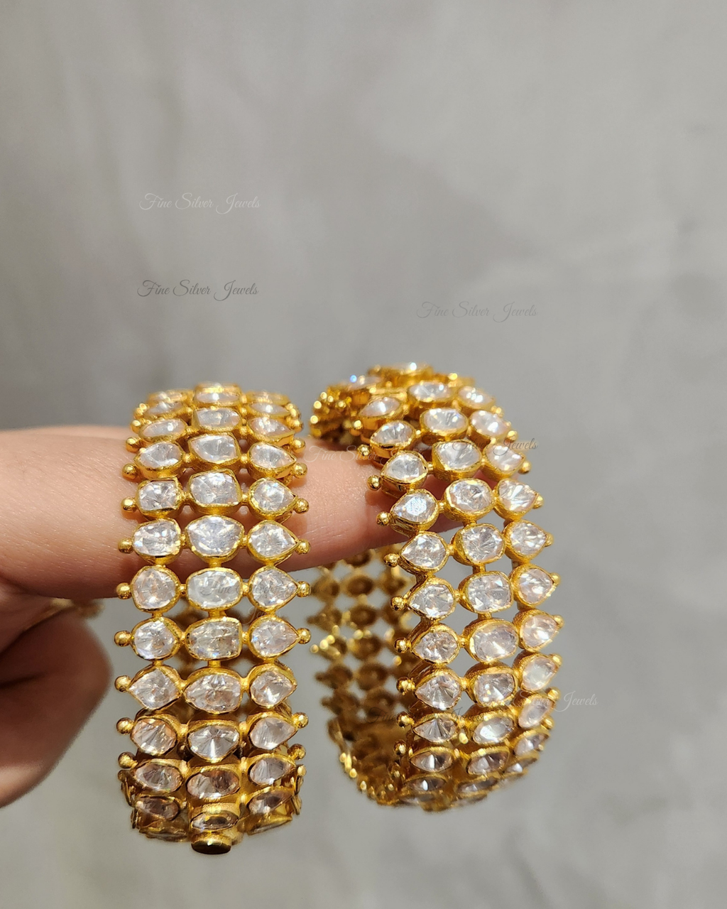 925 Silver Three line polki bangle