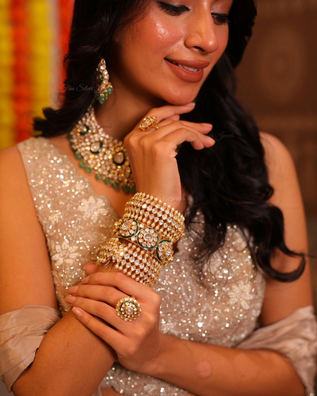 925 Silver Three line polki bangle