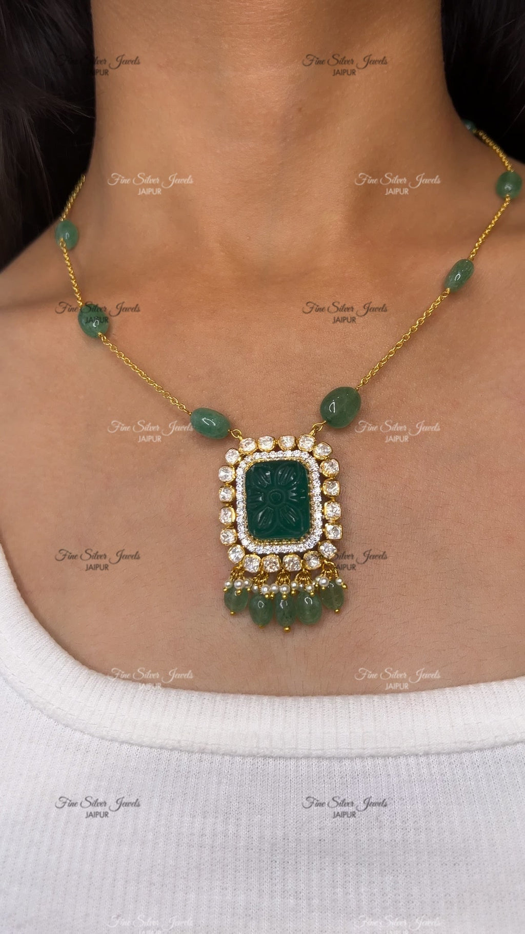 925 Silver Green Emerald Necklace Set