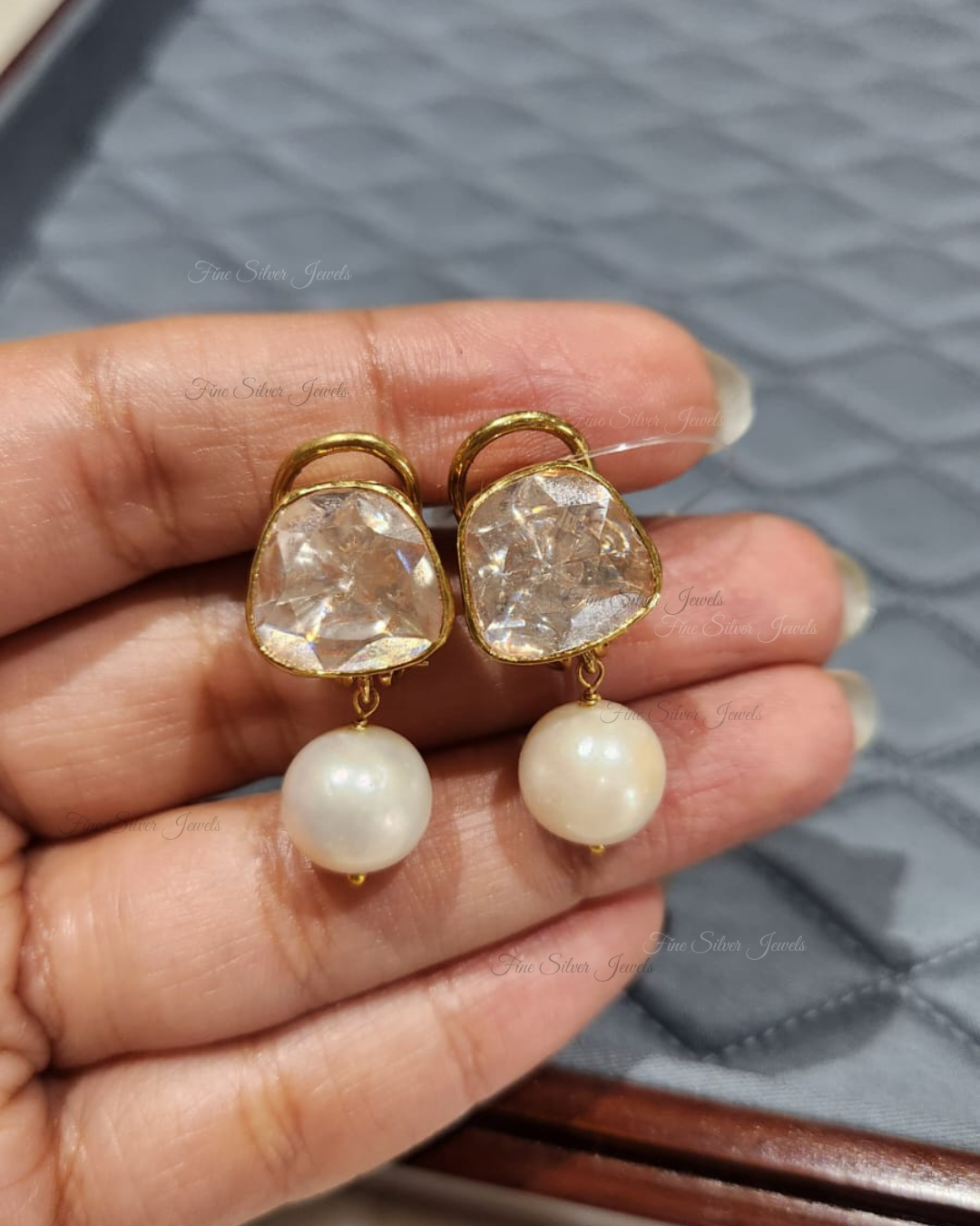 925 Silver Pearl Polki Earring