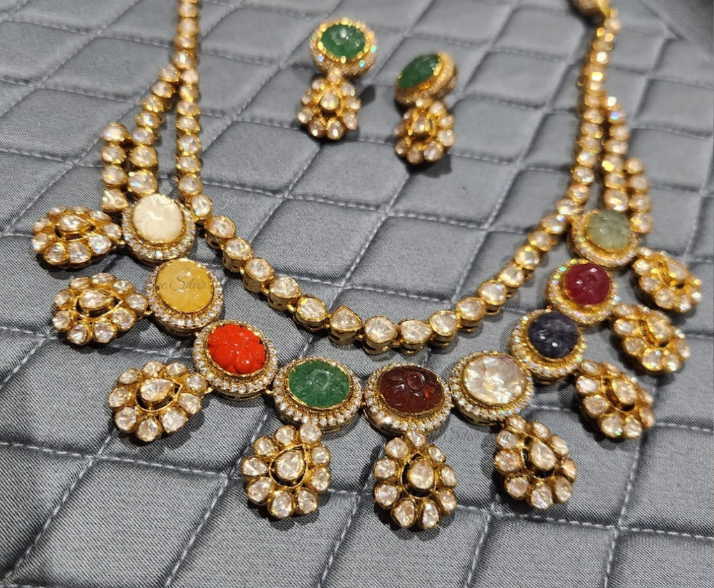 925 Silver Navratan Polki Necklace Set