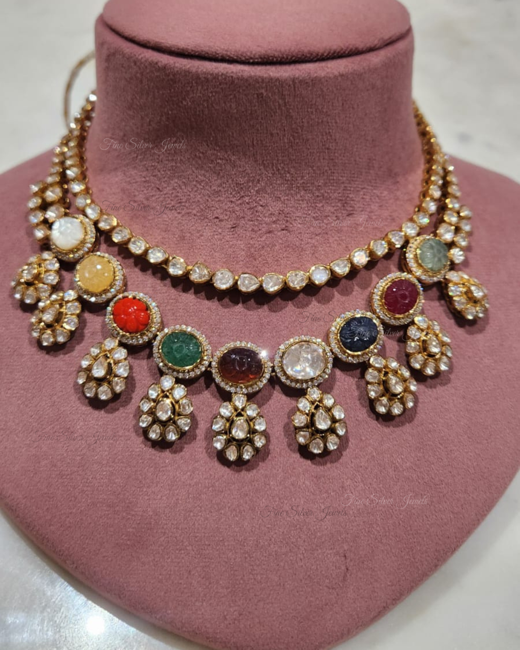925 Silver Navratan Polki Necklace Set