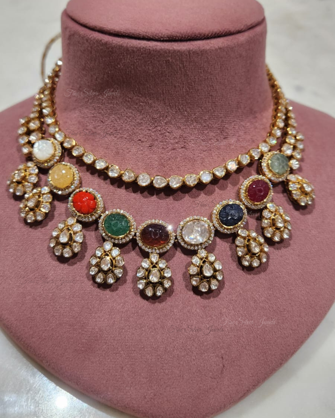 925 Silver Navratan Polki Necklace Set