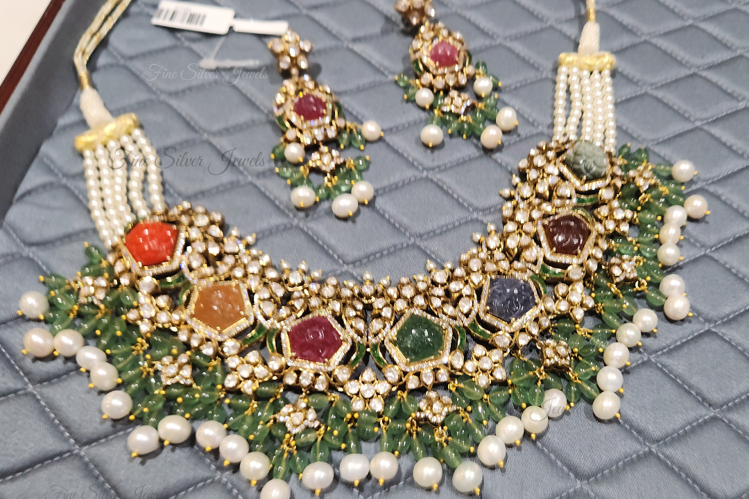 925 Silver Adira Navratan Necklace Set