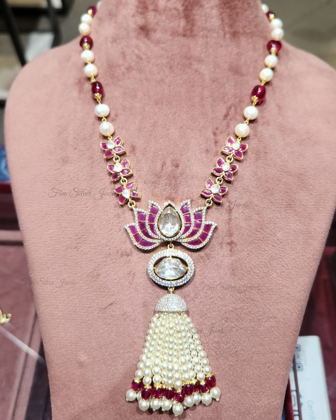 925 Silver Lotus Polki Necklace