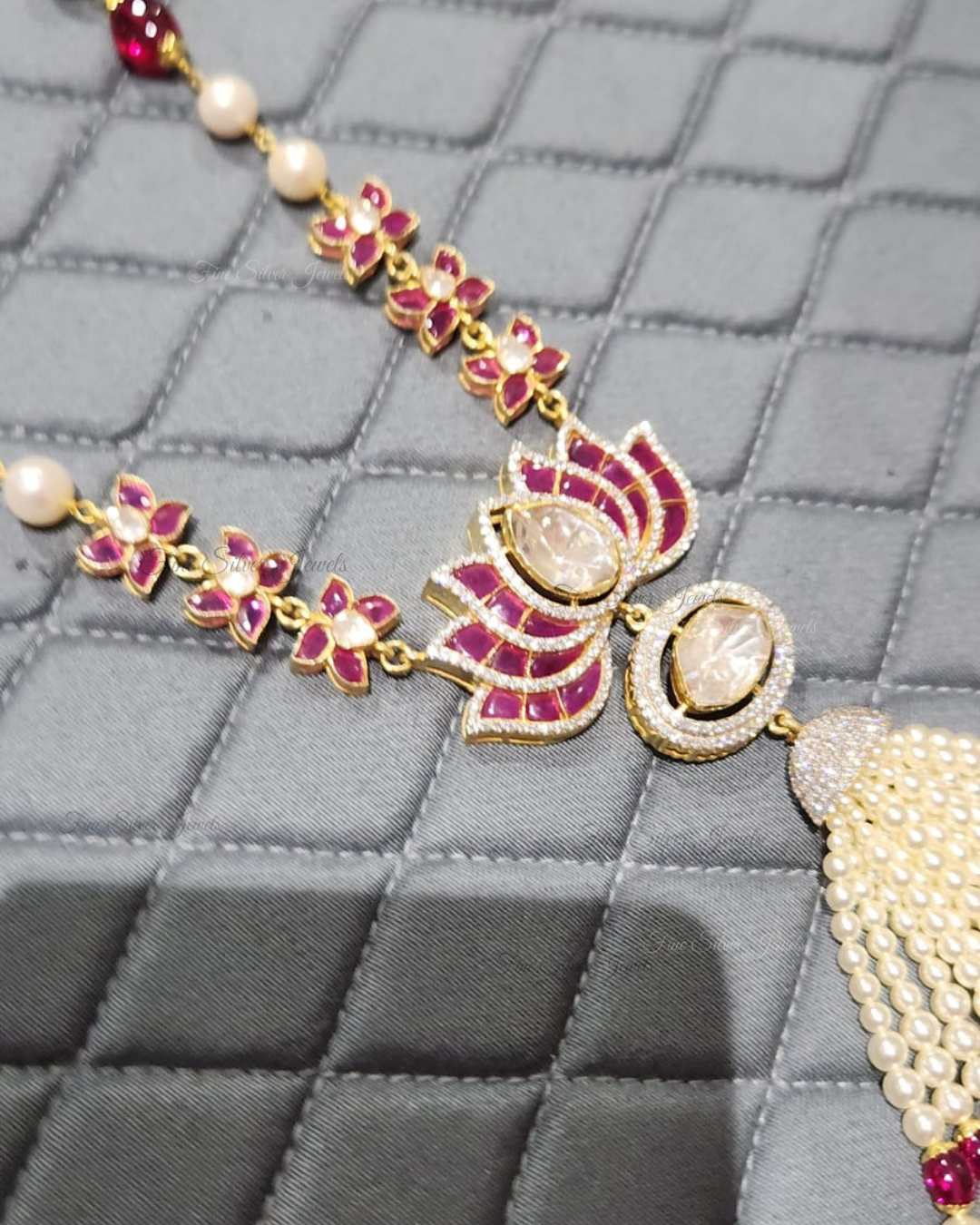 925 Silver Lotus Polki Necklace