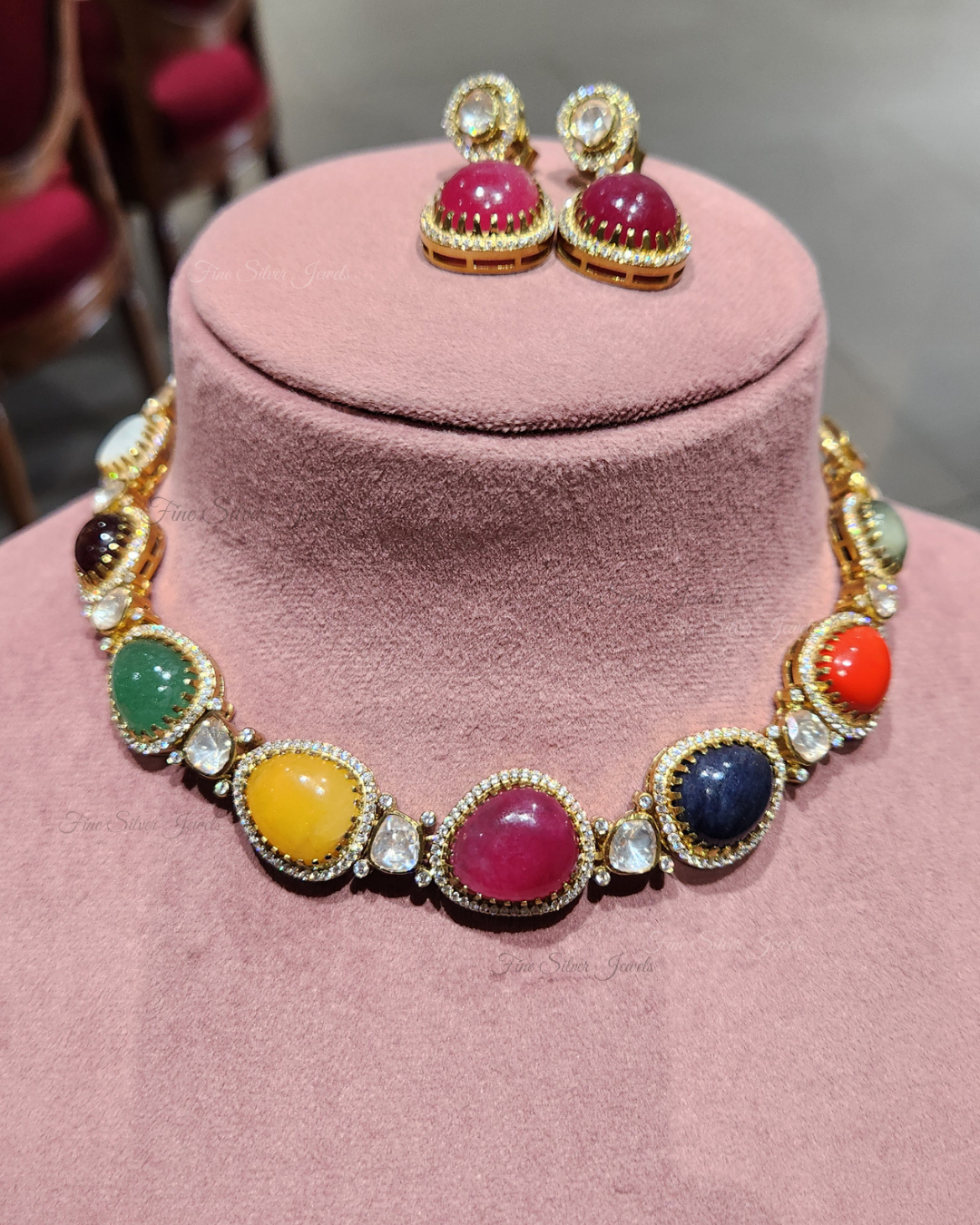 925 Silver Falguni Navratan Necklace Set