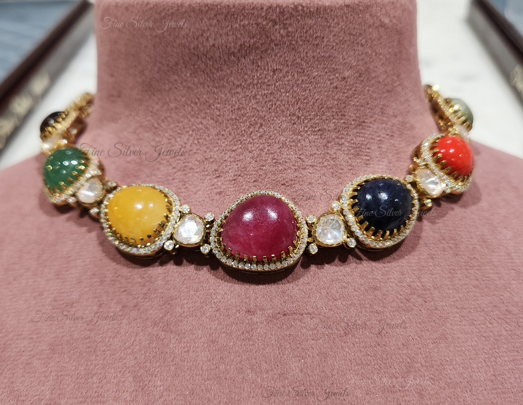 925 Silver Falguni Navratan Necklace Set