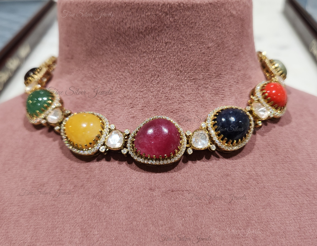 925 Silver Falguni Navratan Necklace Set